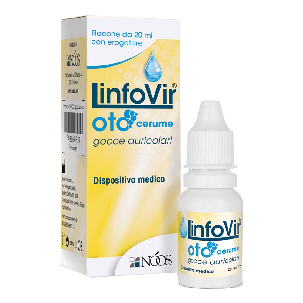 Gocce auricolari Linfovir Oto Cerume in flacone e scatola. Dispositivo medico.
