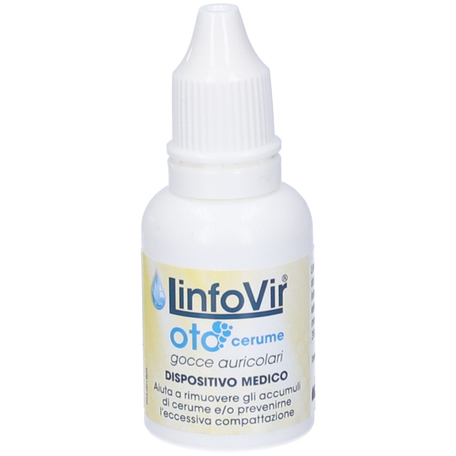Flacone bianco di gocce auricolari. Scritta: Linfovir Oto Cerume Gocce Auricolari. Dispositivo medico.