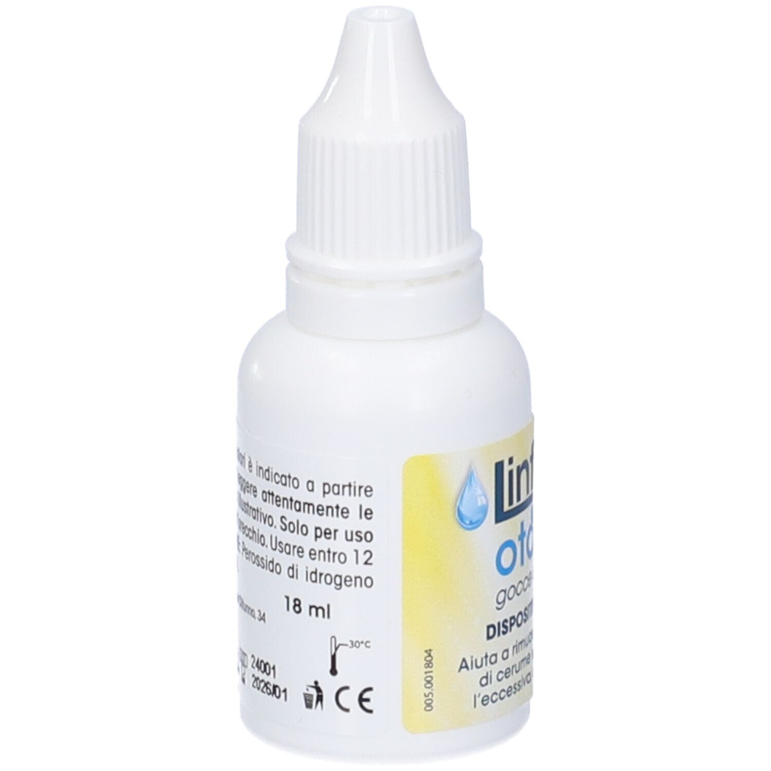 Flacone bianco di gocce auricolari. Scritta: Linfovir Oto Cerume Gocce Auricolari. 18 ml.