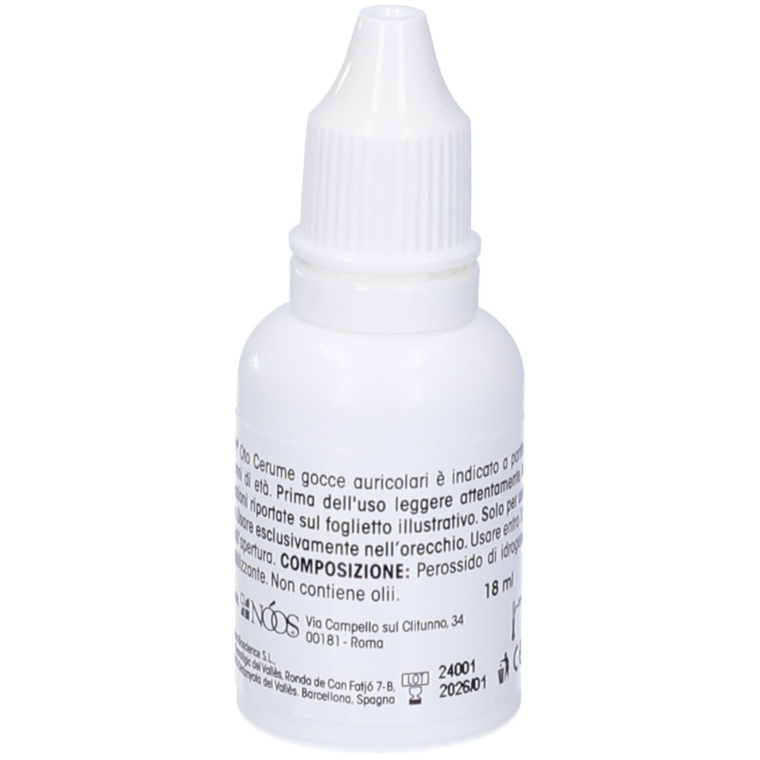 Flacone bianco di gocce auricolari. Scritta: Linfovir Oto Cerume Gocce Auricolari. 18 ml. Composizione.