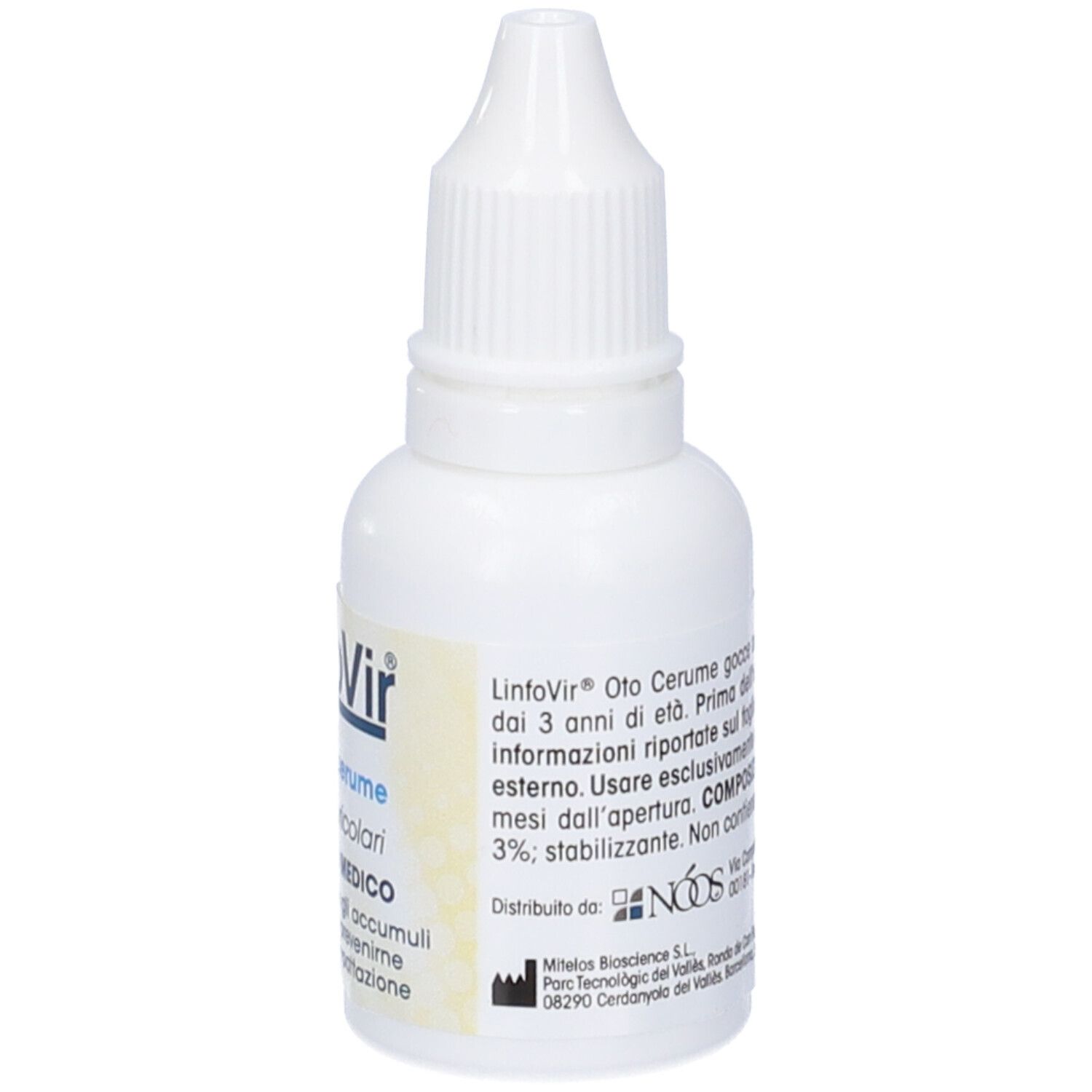 Flacone bianco di gocce auricolari. Scritta: Linfovir Oto Cerume Gocce Auricolari. 18 ml. Istruzioni per l'uso.