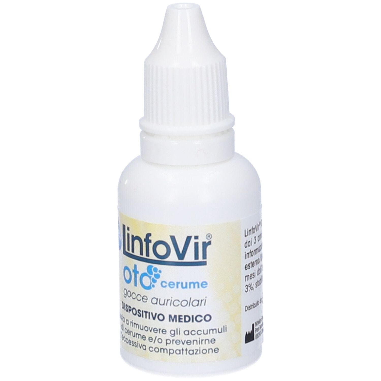 Flacone bianco di gocce auricolari. Scritta: Linfovir Oto Cerume Gocce Auricolari. Dispositivo medico.