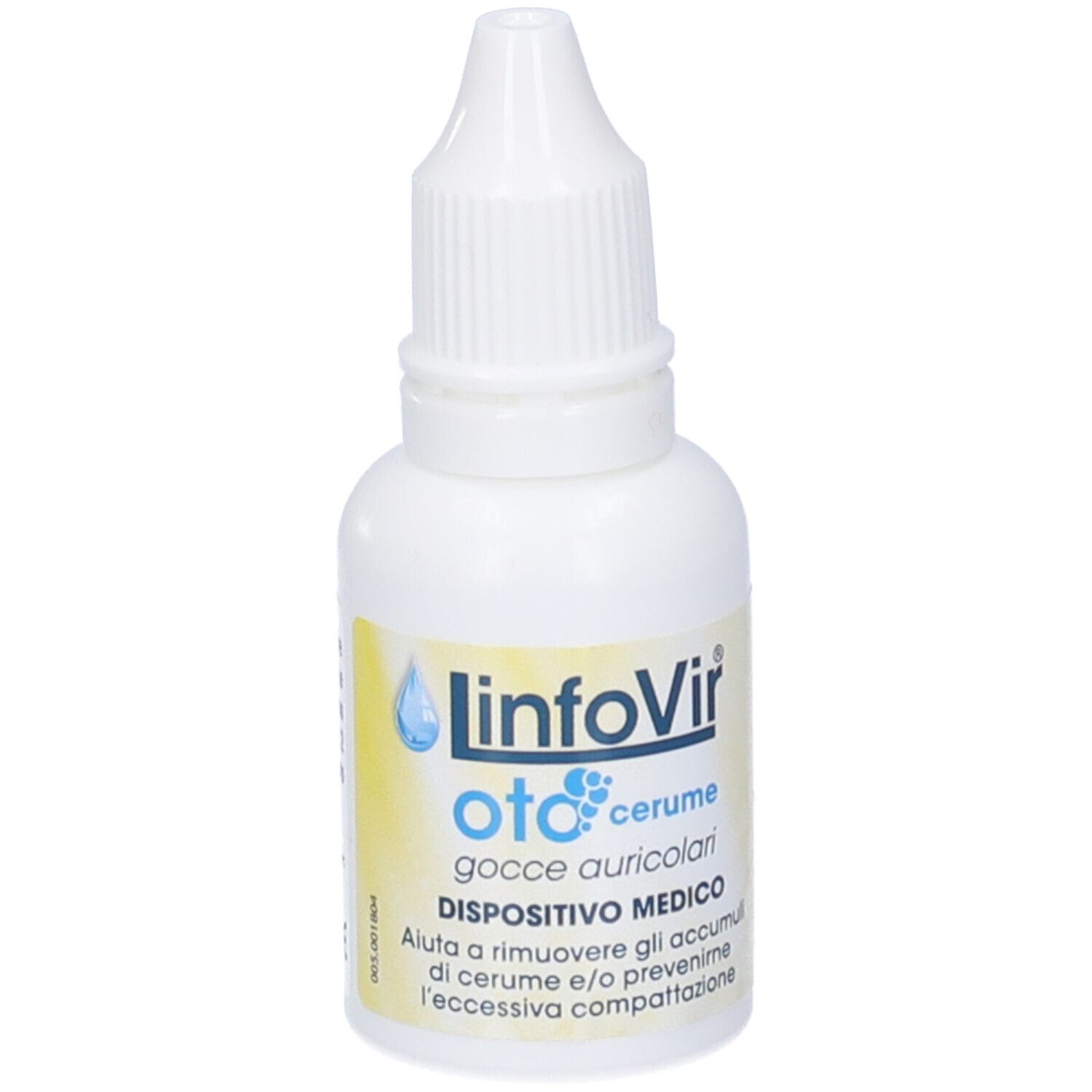 Flacone bianco di gocce auricolari. Scritta: Linfovir Oto Cerume Gocce Auricolari. Dispositivo medico.