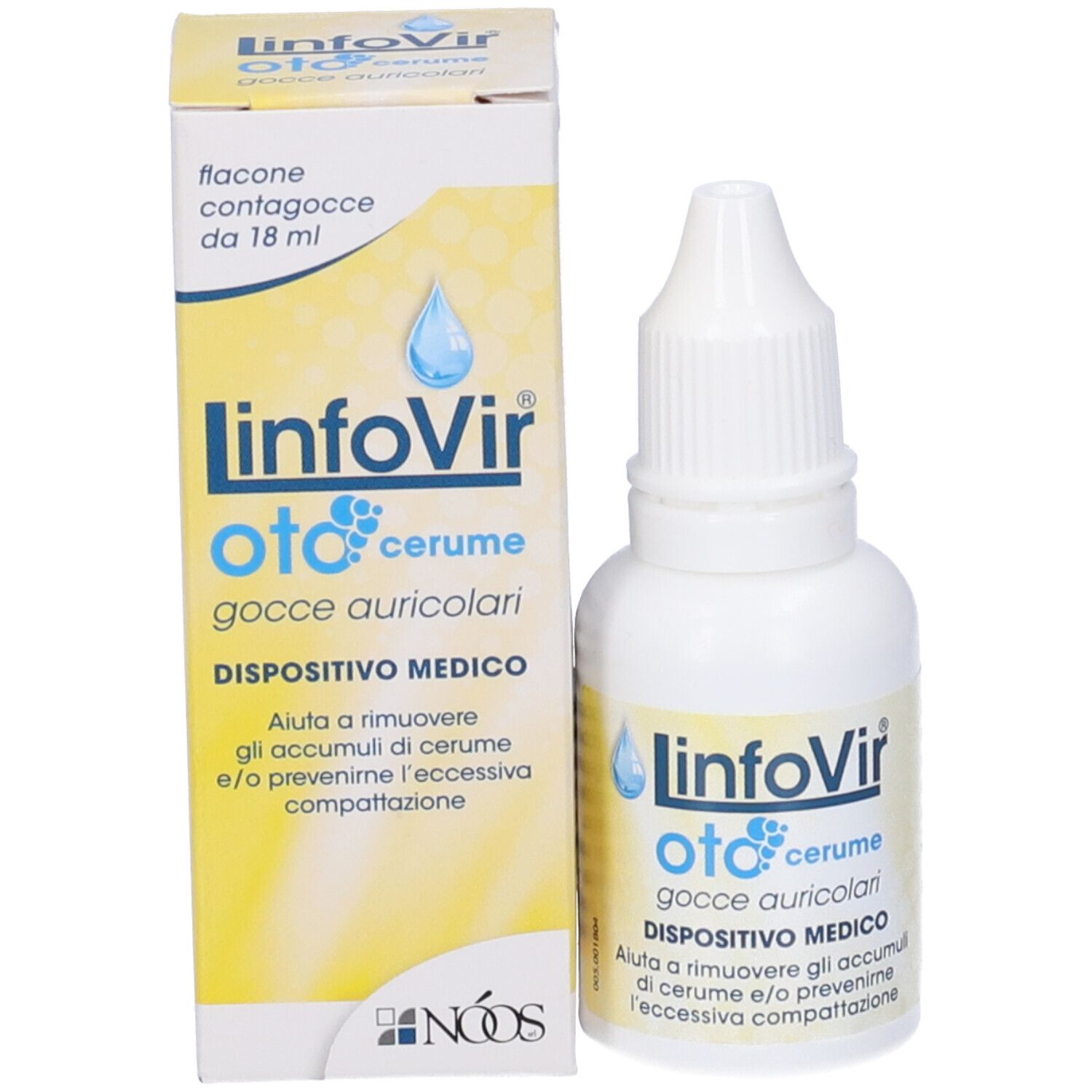 Gocce auricolari Linfovir Oto Cerume in flacone e scatola. Dispositivo medico.