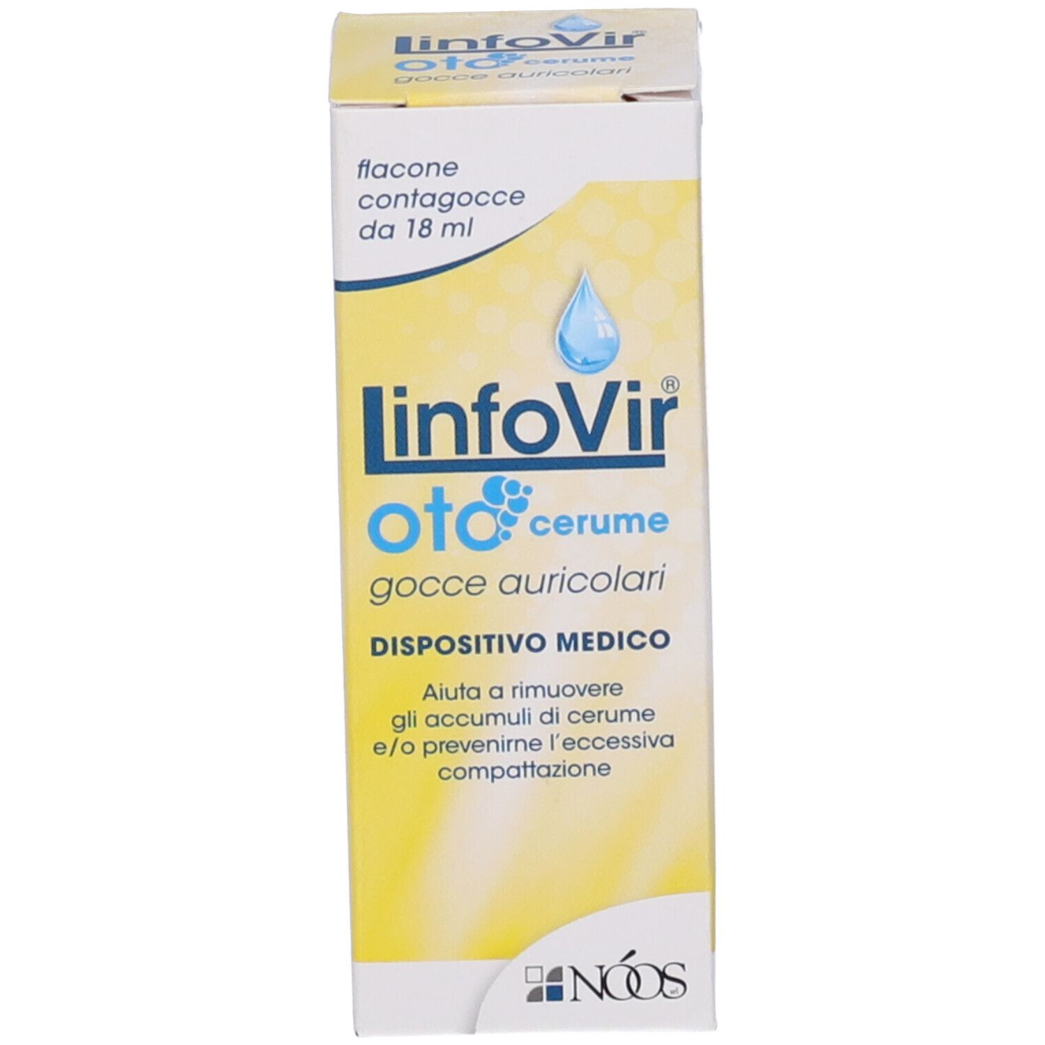 Scatola di gocce auricolari. Scritta: Linfovir Oto Cerume Gocce Auricolari. Dispositivo medico.