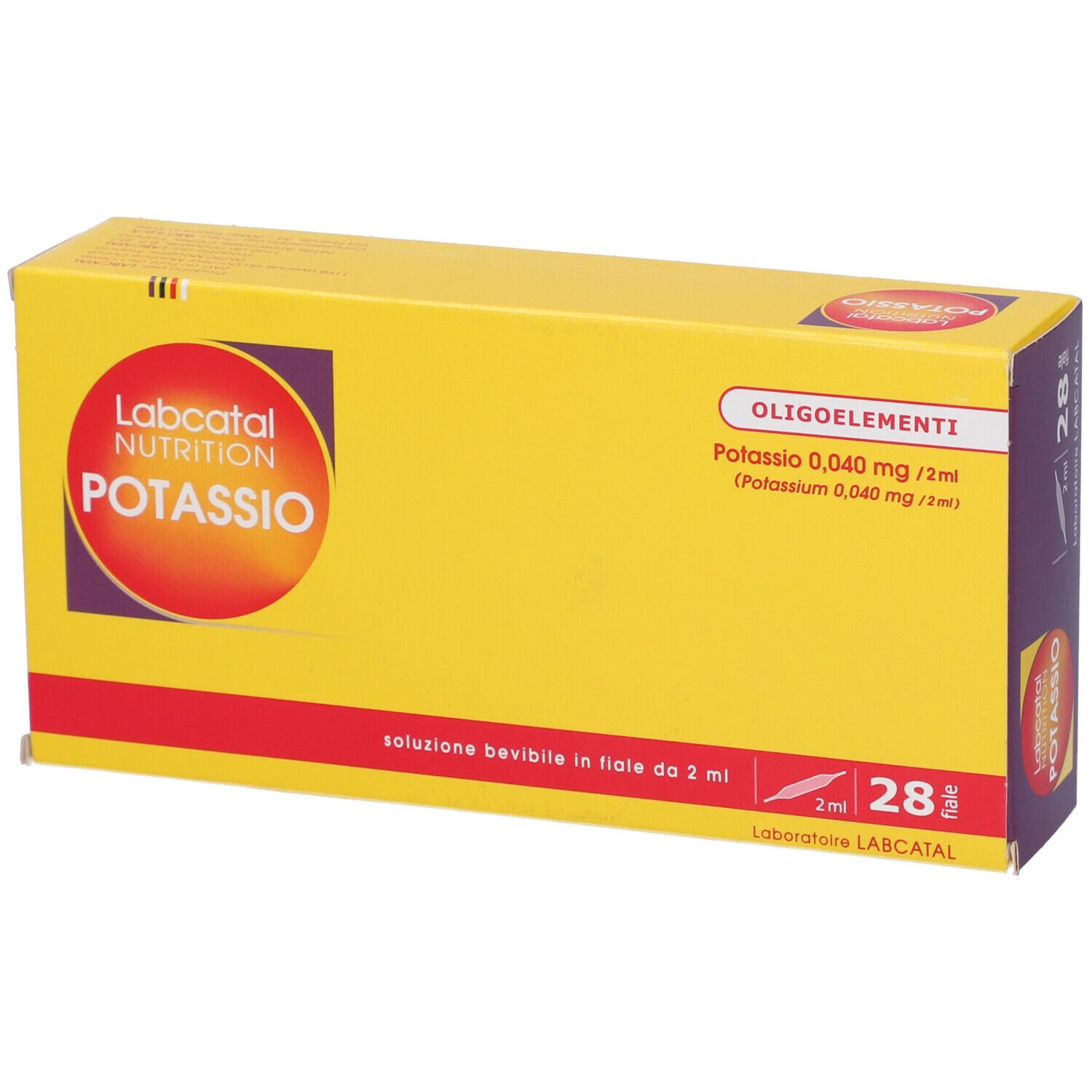Scatola gialla con scritte rosse e viola. Contiene 28 fiale. Scritta: Labcatal Nutrition Potassio.