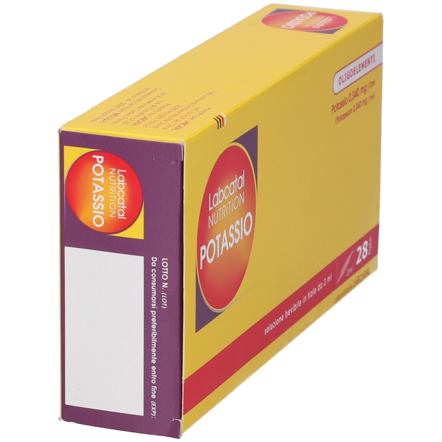 Scatola gialla parzialmente visibile. Scritta: Labcatal Nutrition Potassio. Contiene 28 fiale. Angolo viola.