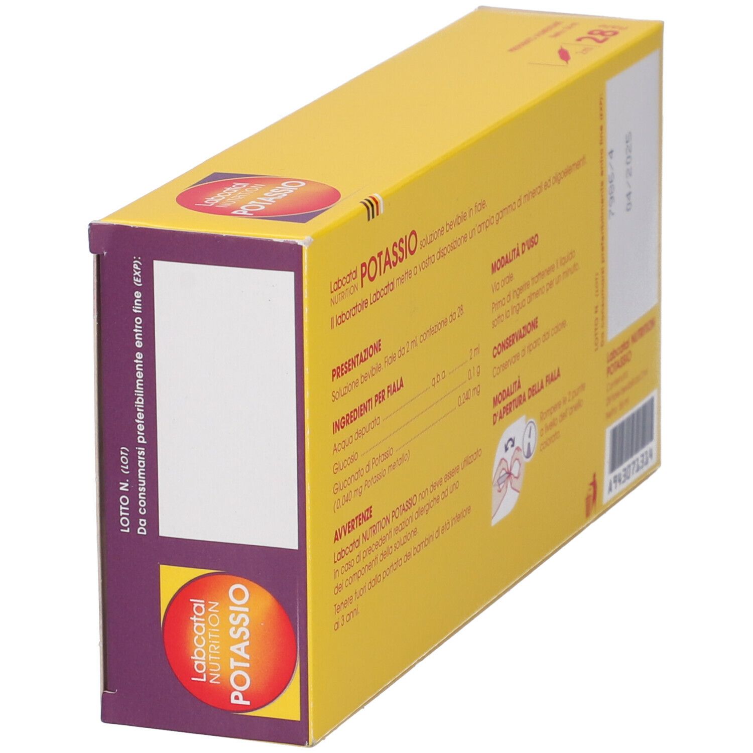 Scatola gialla parzialmente visibile. Scritta: Labcatal Nutrition Potassio. Testo in italiano.