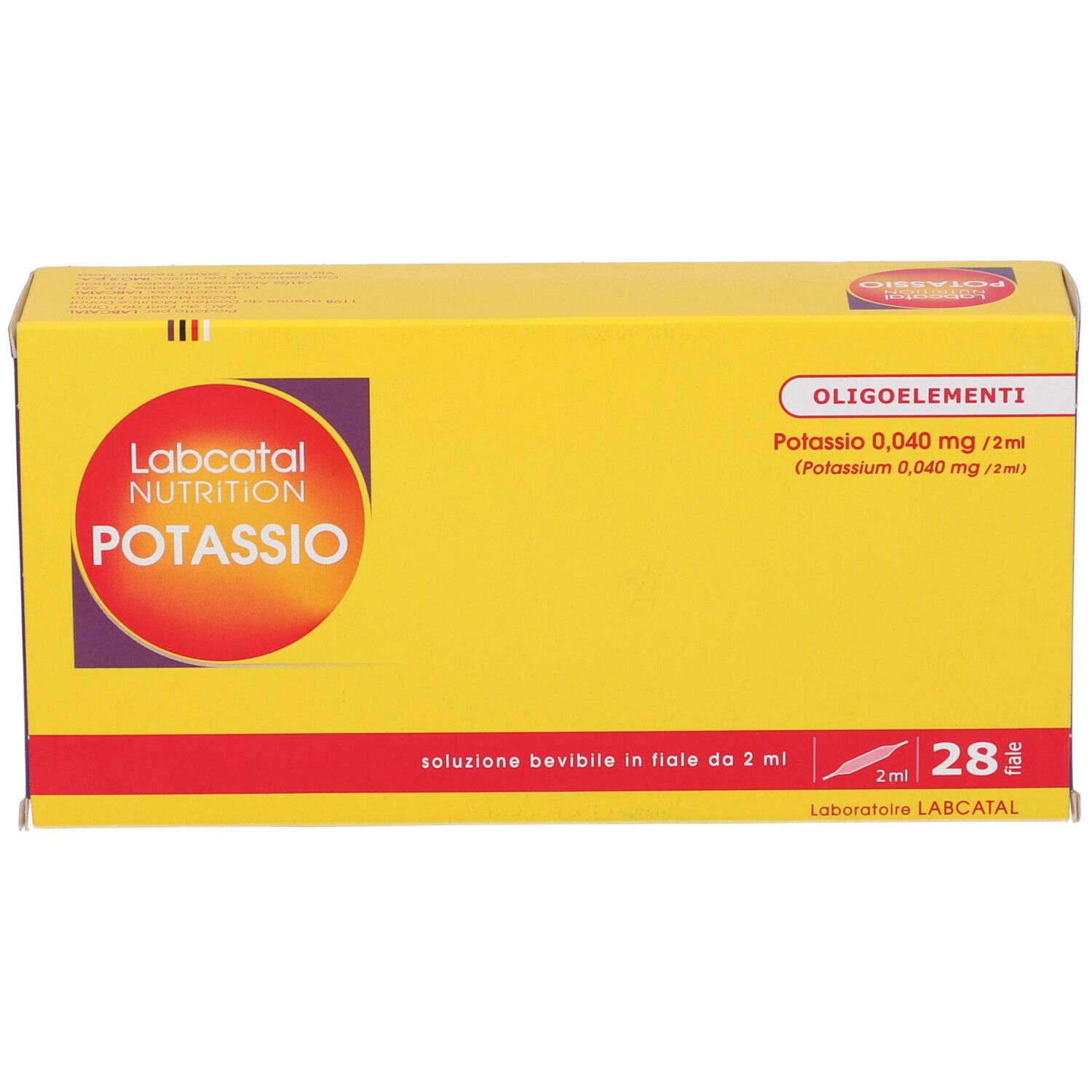 Scatola gialla con scritte rosse e viola. Contiene 28 fiale. Scritta: Labcatal Nutrition Potassio.