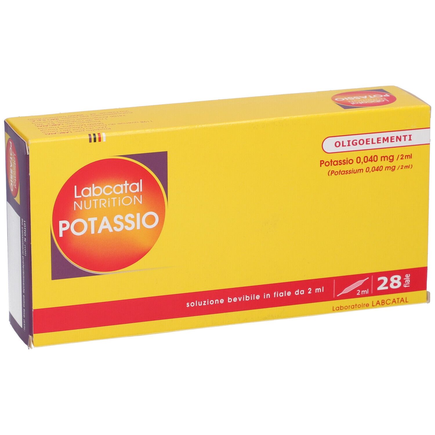 Scatola gialla con scritte rosse e viola. Contiene 28 fiale. Scritta: Labcatal Nutrition Potassio.