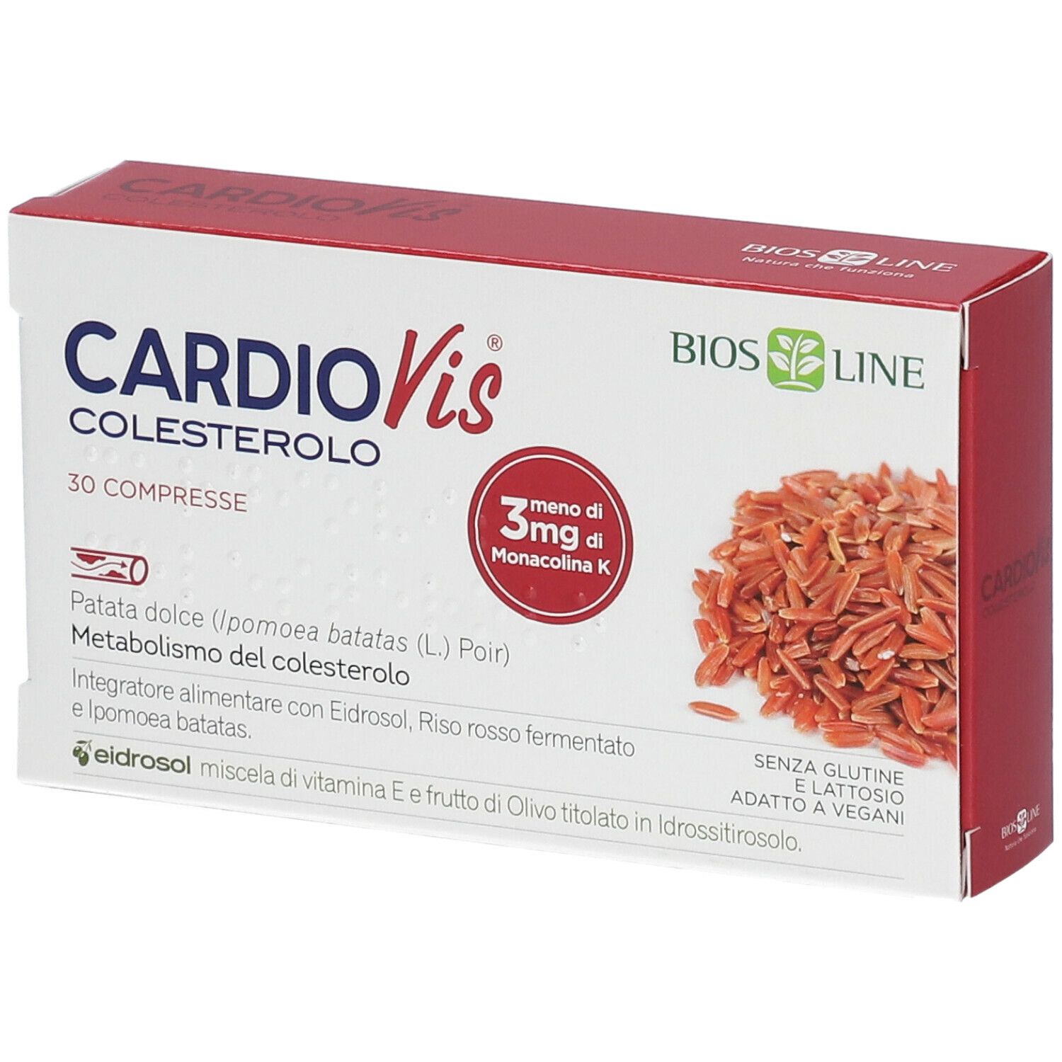 Scatola rossa con compresse. Scritto: CardioVis Colesterolo, 30 compresse. Con logo e testo: Bios Line.
