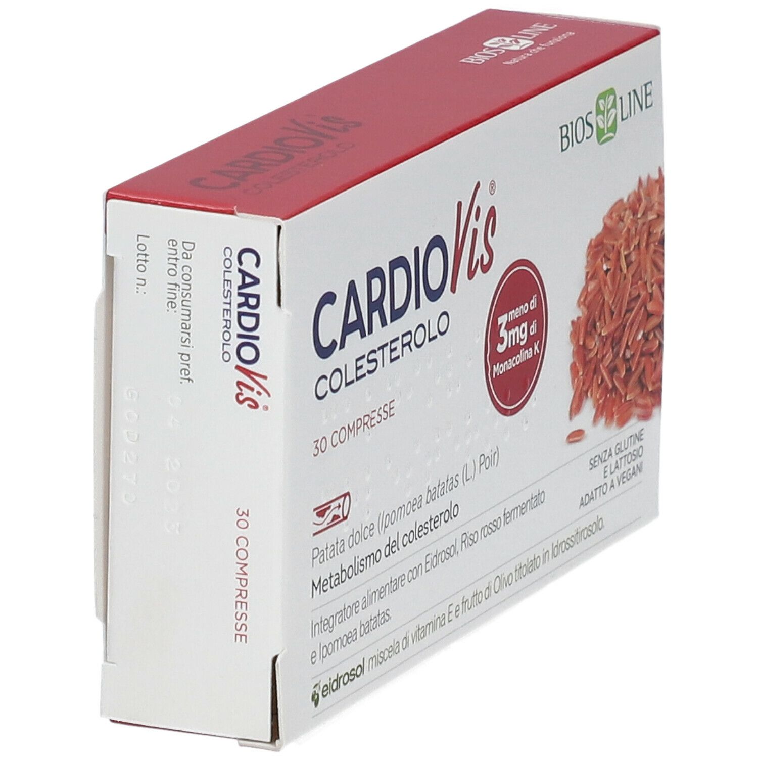 Scatola rossa con compresse. Scritto: CardioVis Colesterolo, 30 compresse. Marchio: Bios Line. Vista obliqua.