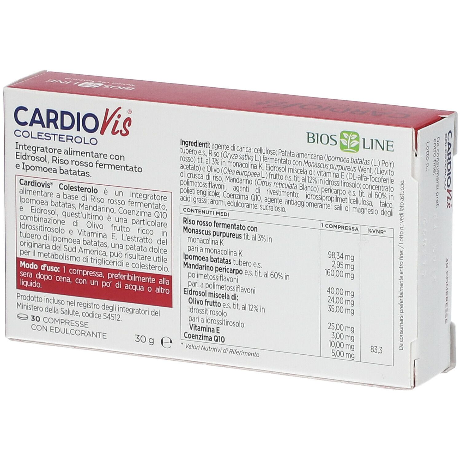 Scatola con compresse. Scritto: CardioVis Colesterolo, 30 compresse. Marchio: Bios Line. Retro con ingredienti.