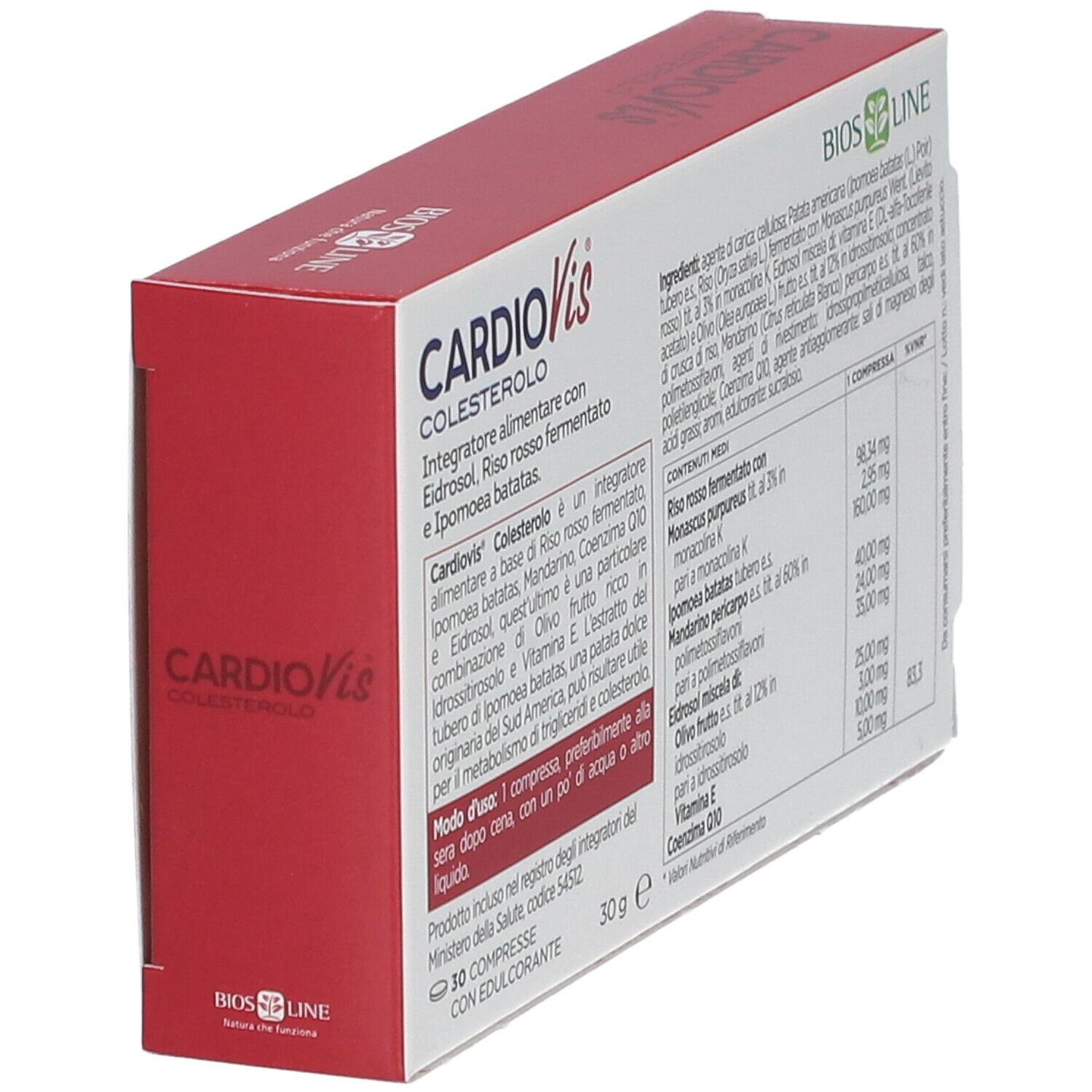 Scatola con compresse. Scritto: CardioVis Colesterolo, 30 compresse. Marchio: Bios Line. Vista obliqua.