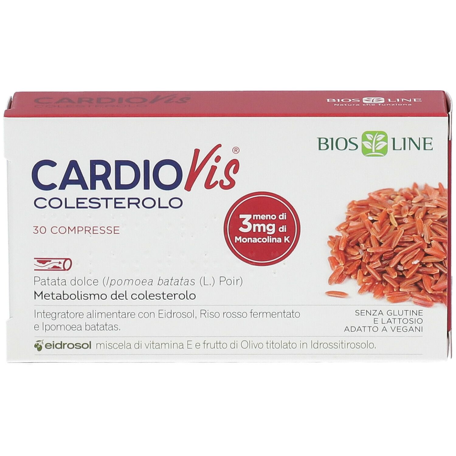 Scatola rossa con compresse. Scritto: CardioVis Colesterolo, 30 compresse. Marchio: Bios Line. Con logo.