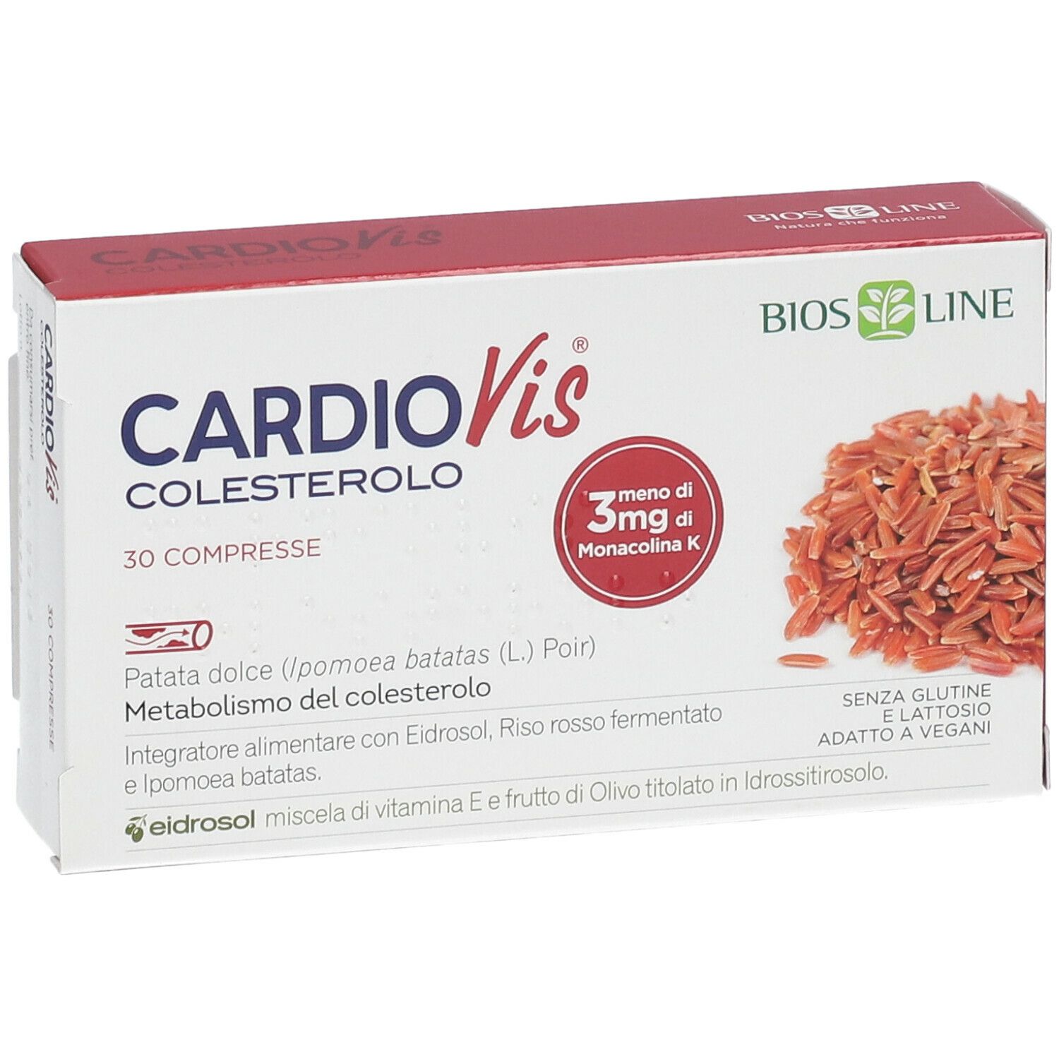 Scatola con compresse. Scritto: CardioVis Colesterolo, 30 compresse. Marchio: Bios Line. Con logo.