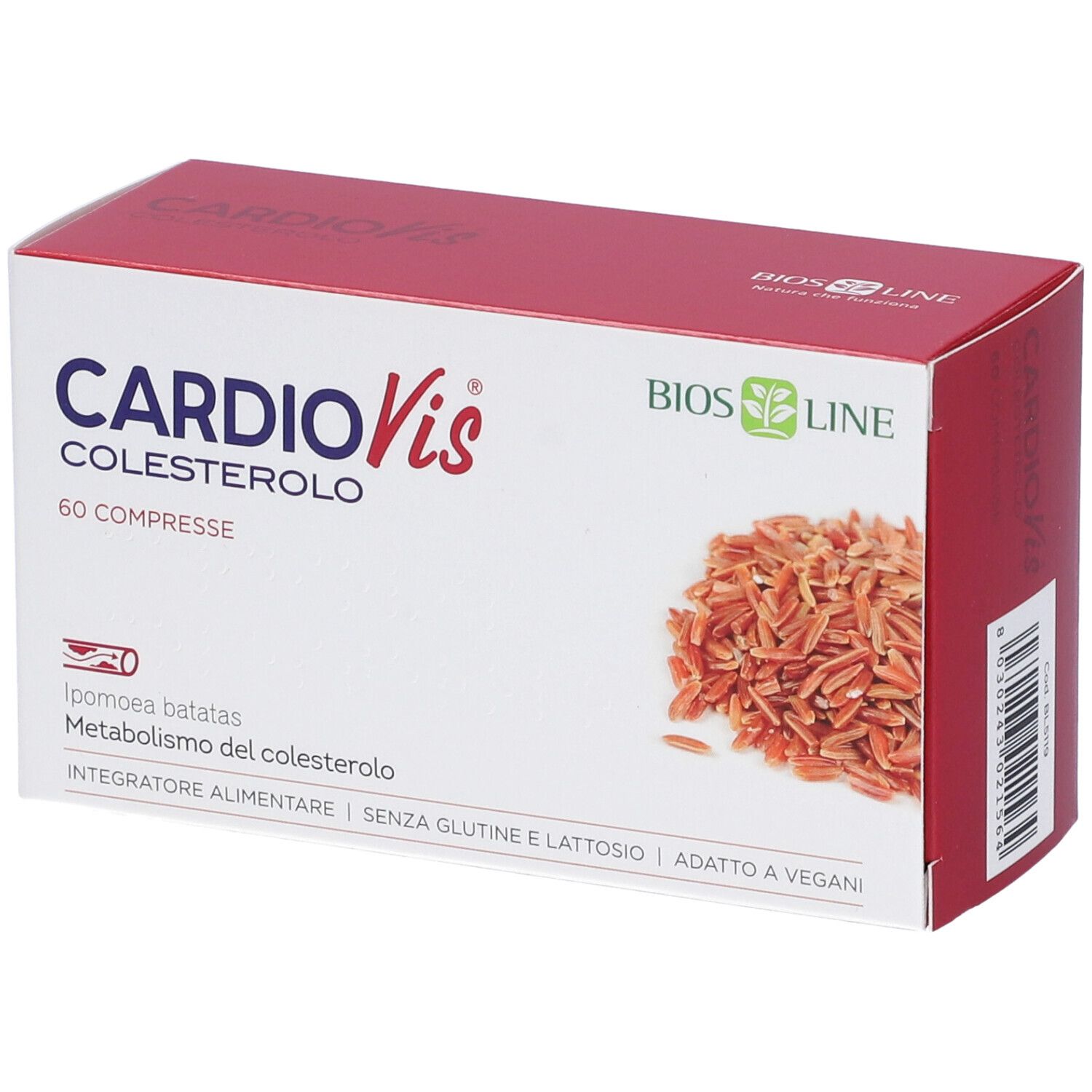 Scatola CardioVis Colesterolo, 60 compresse. Logo BIOS LINE. Design rosso. Senza glutine e lattosio. Adatto ai vegani.