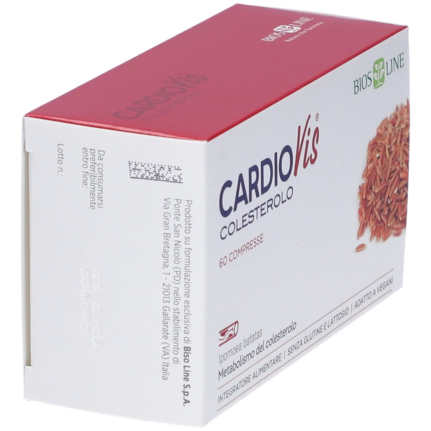 Scatola CardioVis Colesterolo, 60 compresse. Logo BIOS LINE. Design rosso. Retro con ingredienti e indirizzo.
