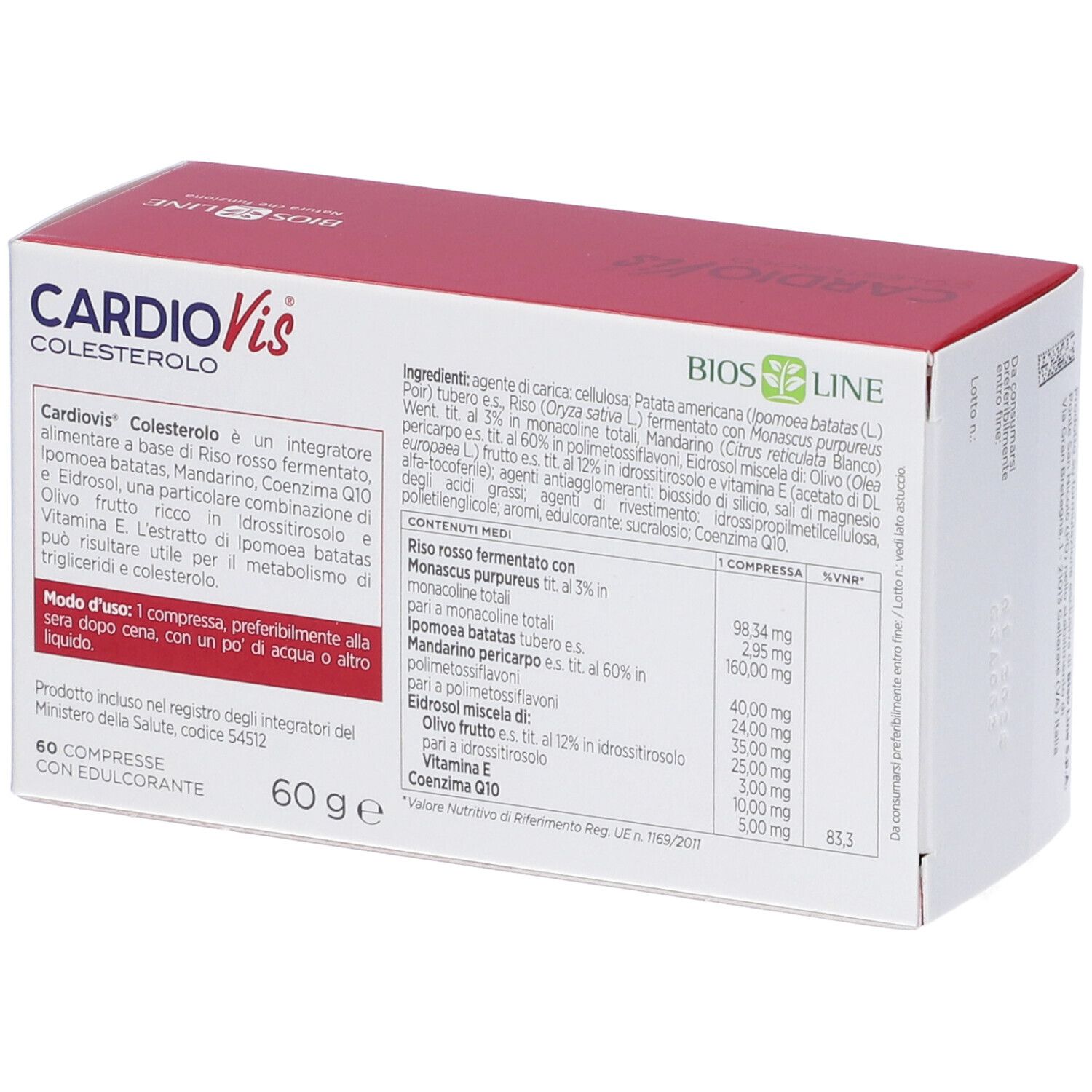 Scatola CardioVis Colesterolo, 60 compresse. Logo BIOS LINE. Design rosso. Retro con ingredienti e tabella nutrizionale.