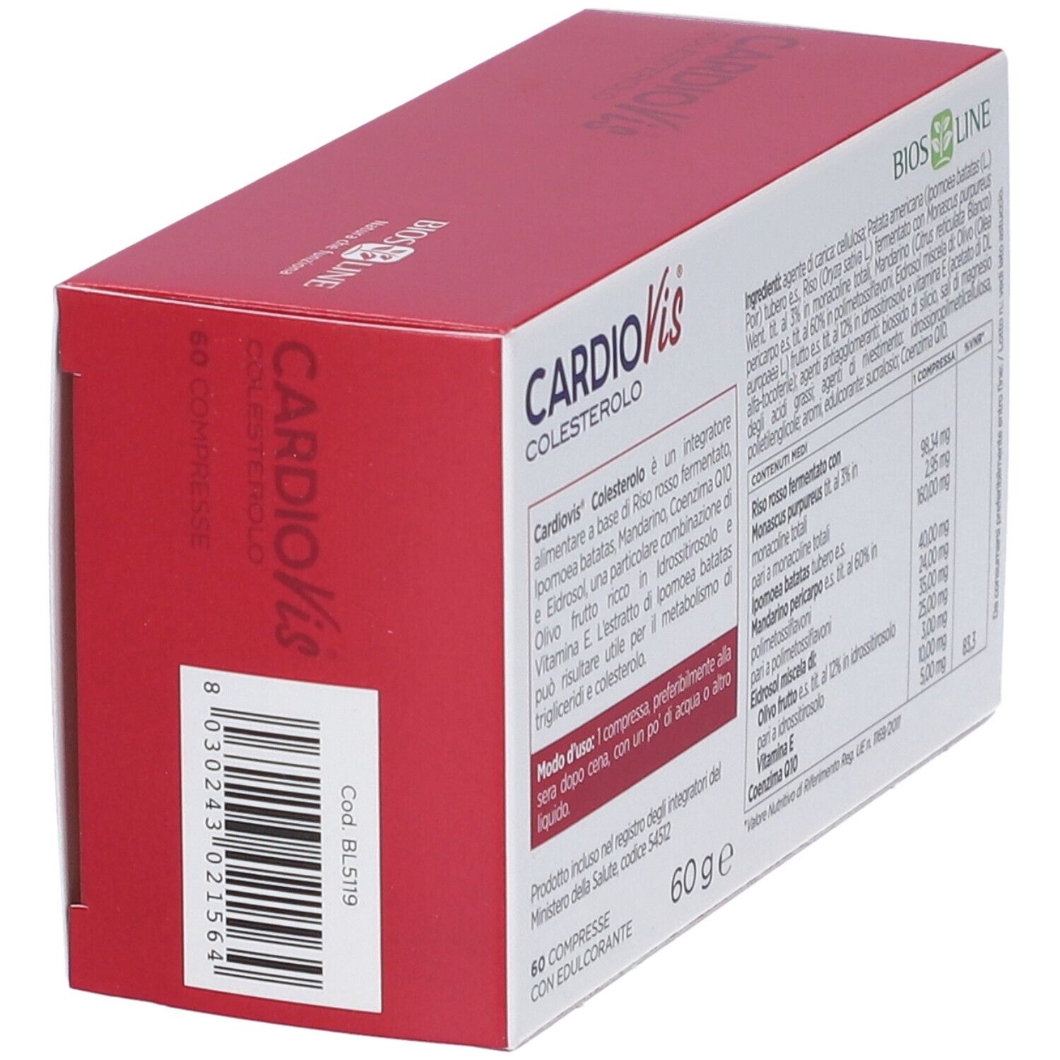 Scatola CardioVis Colesterolo, 60 compresse. Logo BIOS LINE. Design rosso. Retro con ingredienti e tabella nutrizionale.
