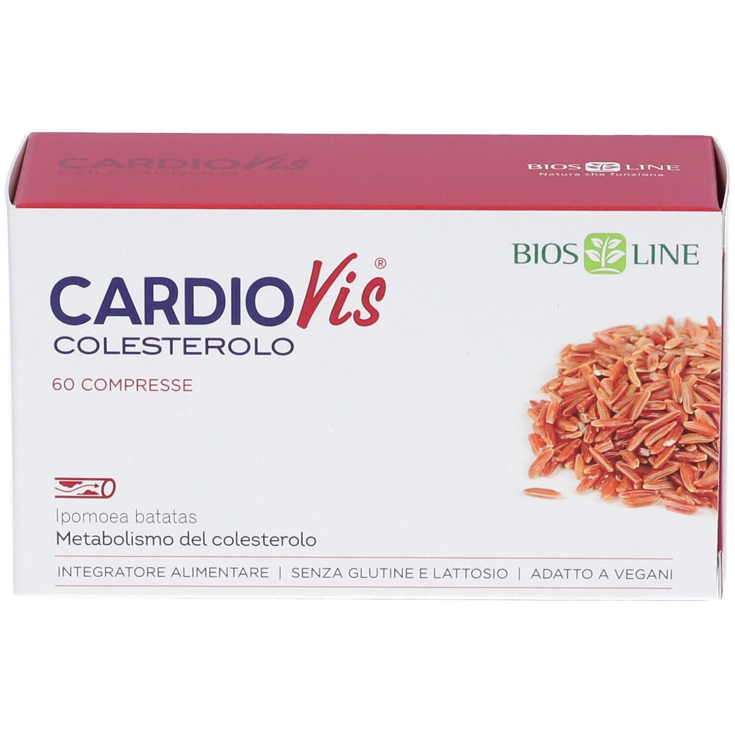 Scatola CardioVis Colesterolo, 60 compresse. Logo BIOS LINE. Design rosso. Senza glutine e lattosio. Adatto ai vegani.