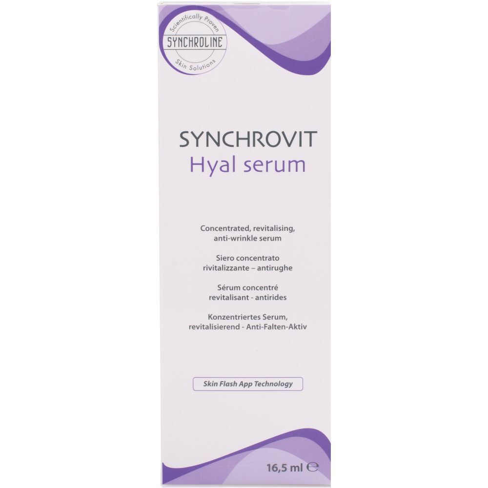 Scatola bianca con Synchrovit Hyal Serum. Testo multilingue. In basso: 16,5 ml.