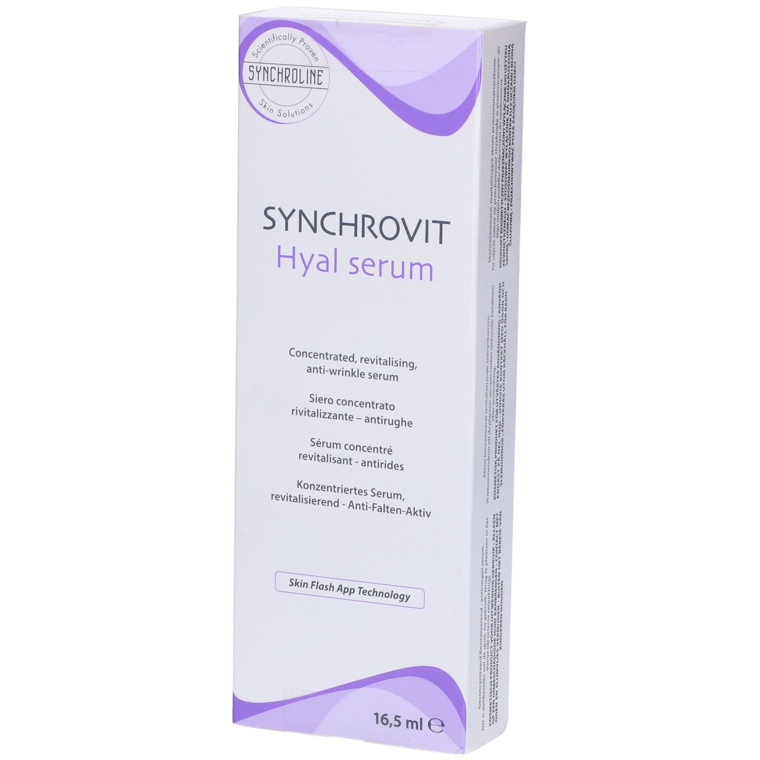 Scatola bianca con Synchrovit Hyal Serum. Testo multilingue. 16,5 ml. Vista prospettica.