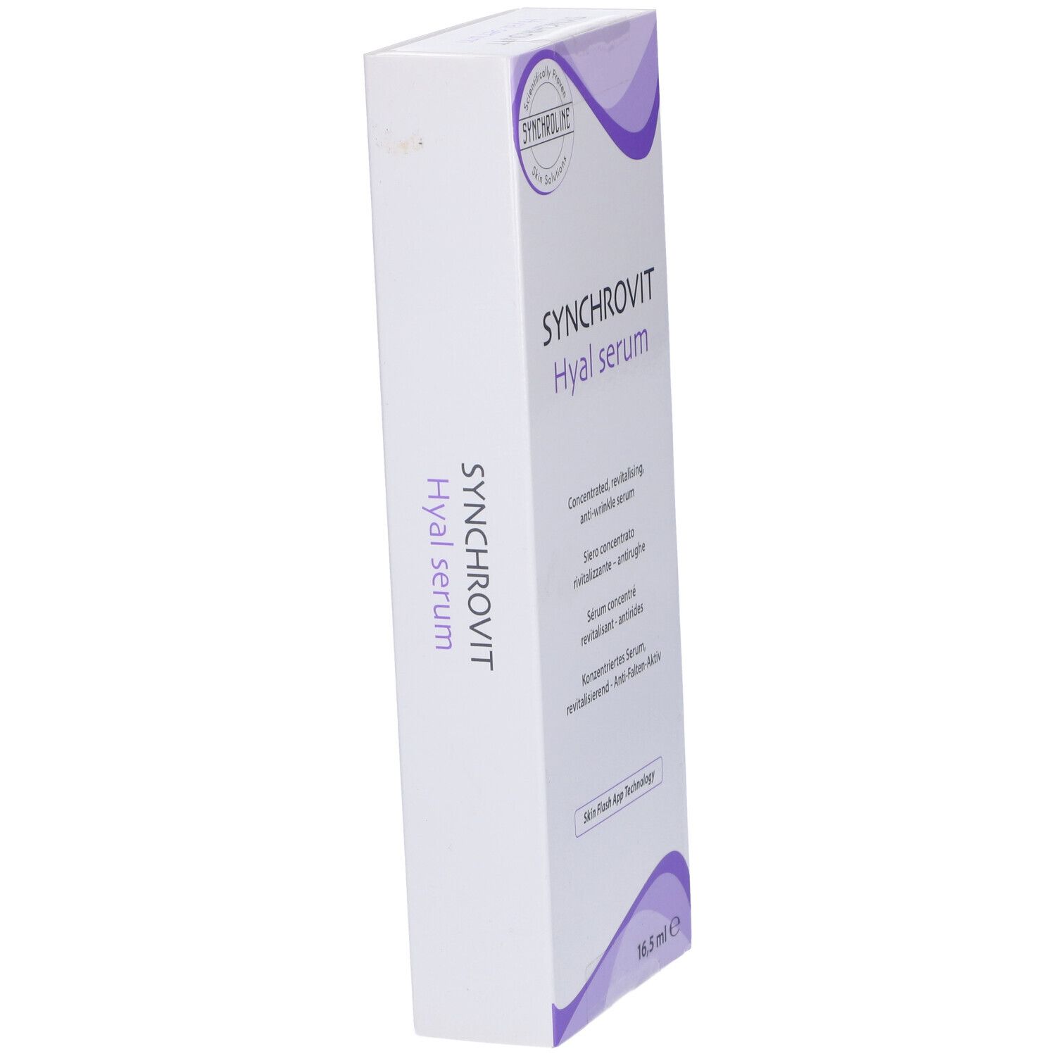 Scatola bianca con Synchrovit Hyal Serum. Testo multilingue. Vista prospettica.