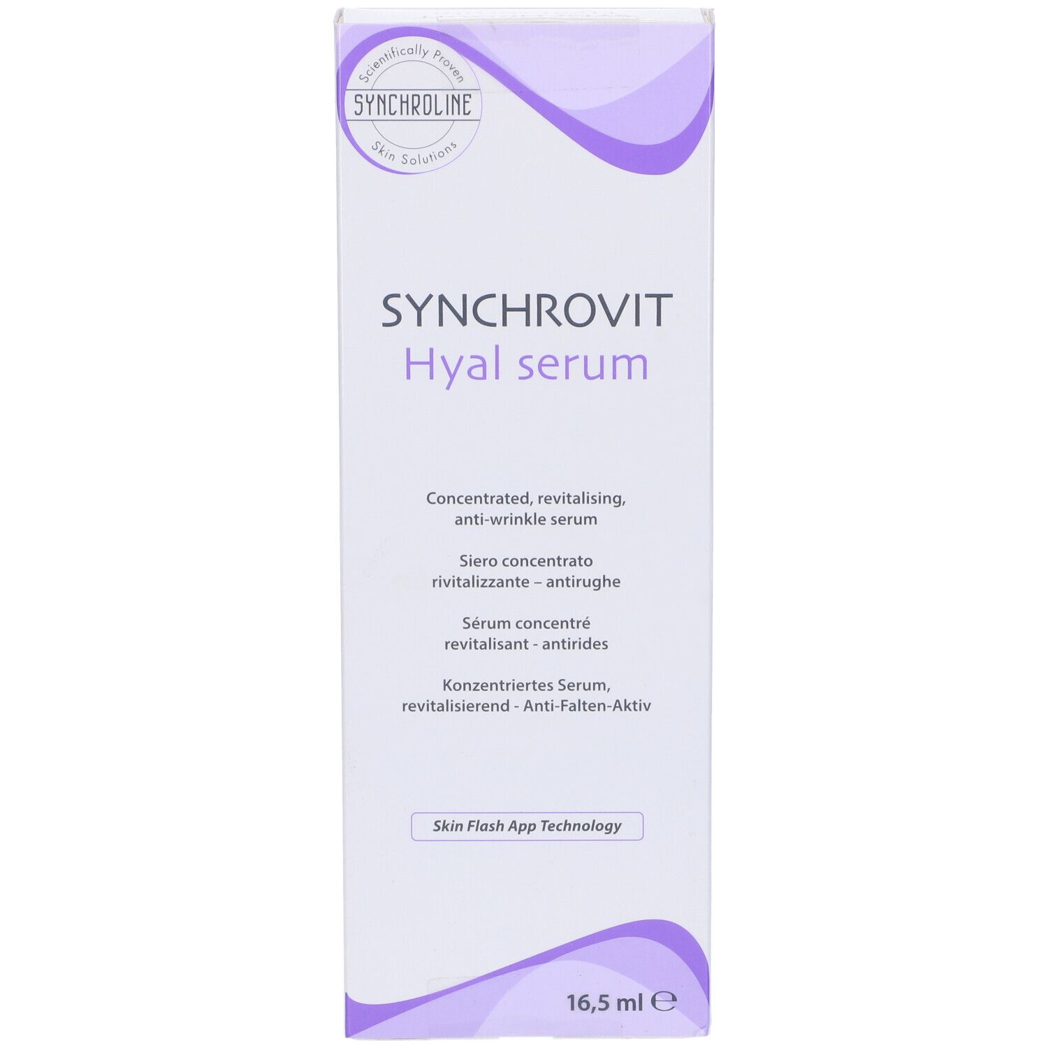 Scatola bianca con Synchrovit Hyal Serum. Testo multilingue. In basso: 16,5 ml.
