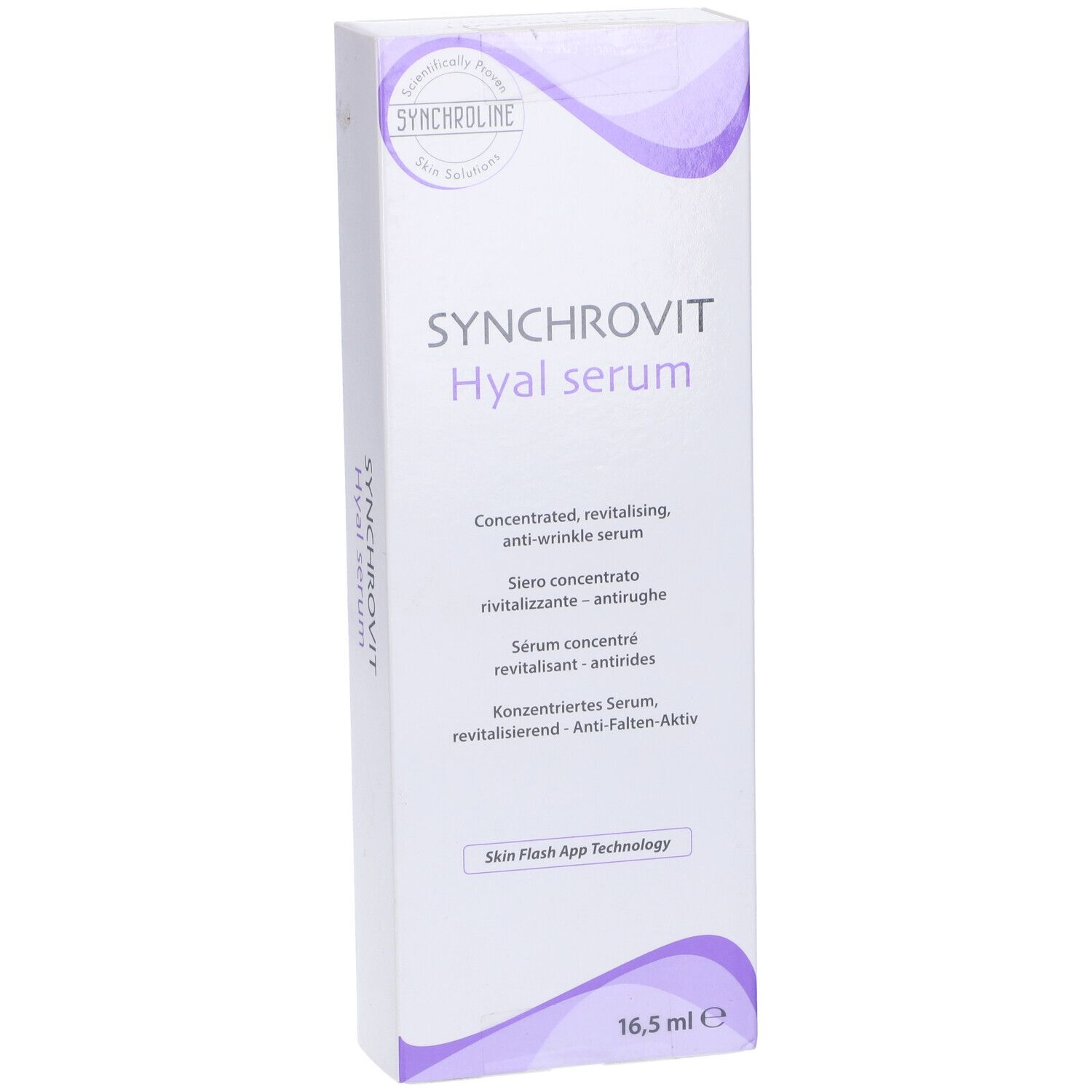 Scatola bianca con Synchrovit Hyal Serum. Testo multilingue. In basso: 16,5 ml.