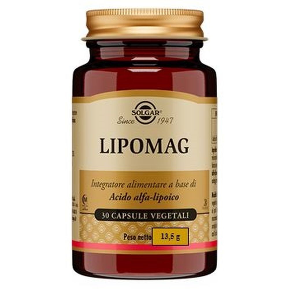 Flacone di vetro marrone con tappo dorato. Scritta: Lipomag, 30 capsule vegetali. Marchio: Solgar.