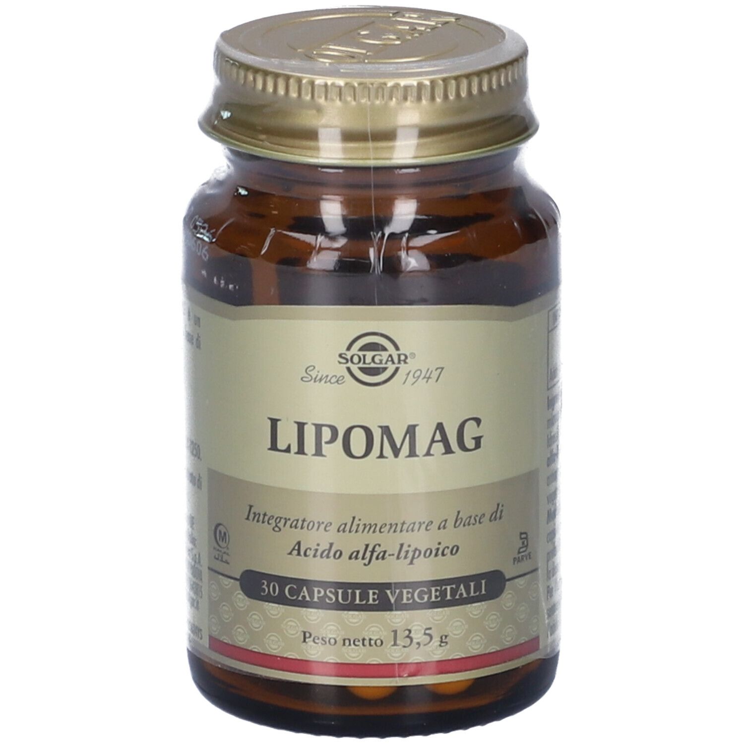 Flacone di vetro marrone con tappo dorato, sigillato. Scritta: Lipomag, 30 capsule. Marchio: Solgar.