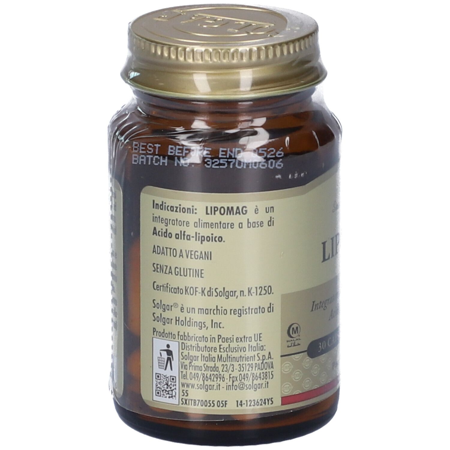 Retro di un flacone di vetro marrone. Scritta: Lipomag, ingredienti, vegano, senza glutine. Marchio: Solgar.