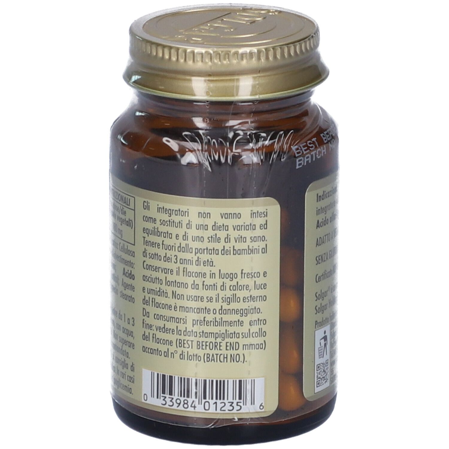 Retro di un flacone di vetro marrone. Scritta: Lipomag, indicazioni, vegano, senza glutine. Marchio: Solgar.