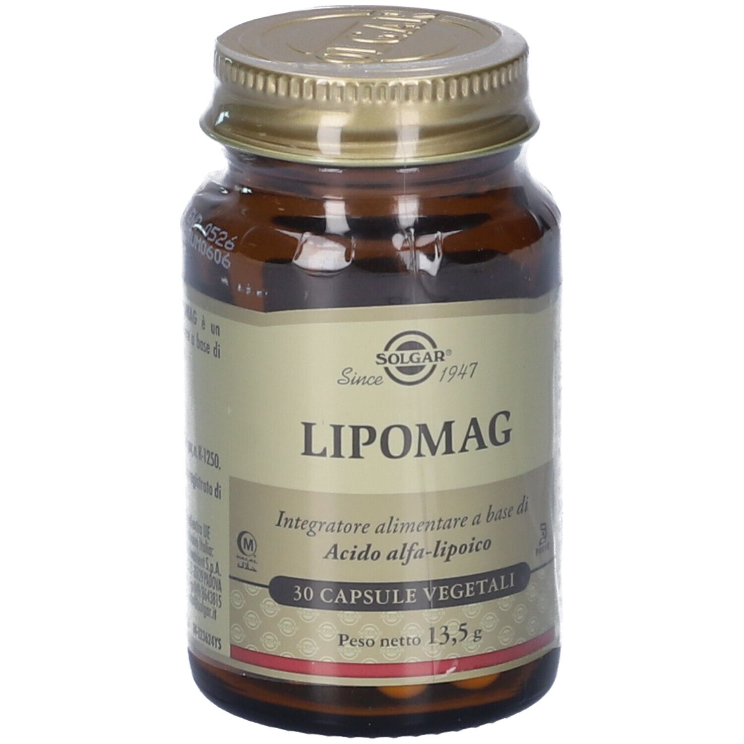 Flacone di vetro marrone con tappo dorato. Scritta: Lipomag, 30 capsule. Marchio: Solgar.