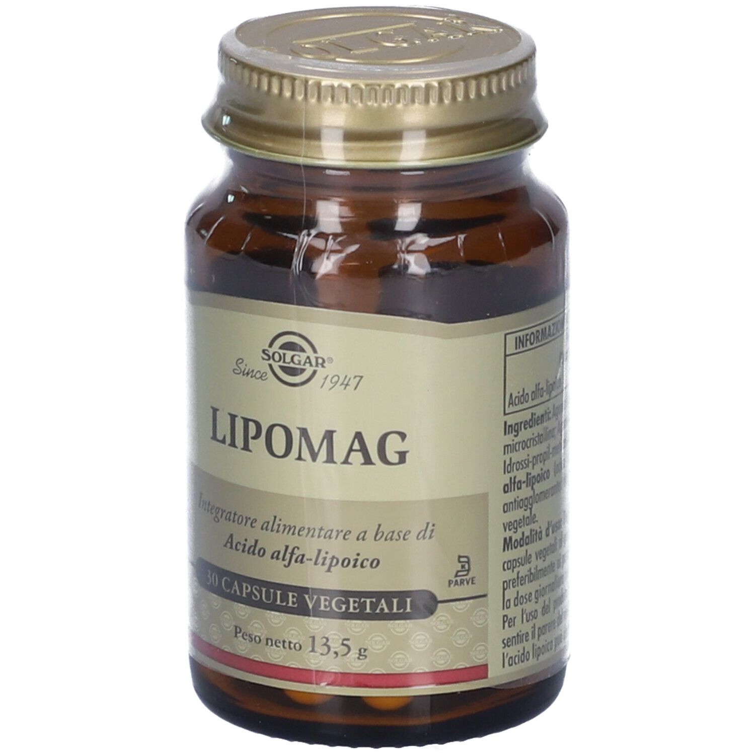 Flacone di vetro marrone con tappo dorato. Scritta: Lipomag, 30 capsule. Marchio: Solgar.