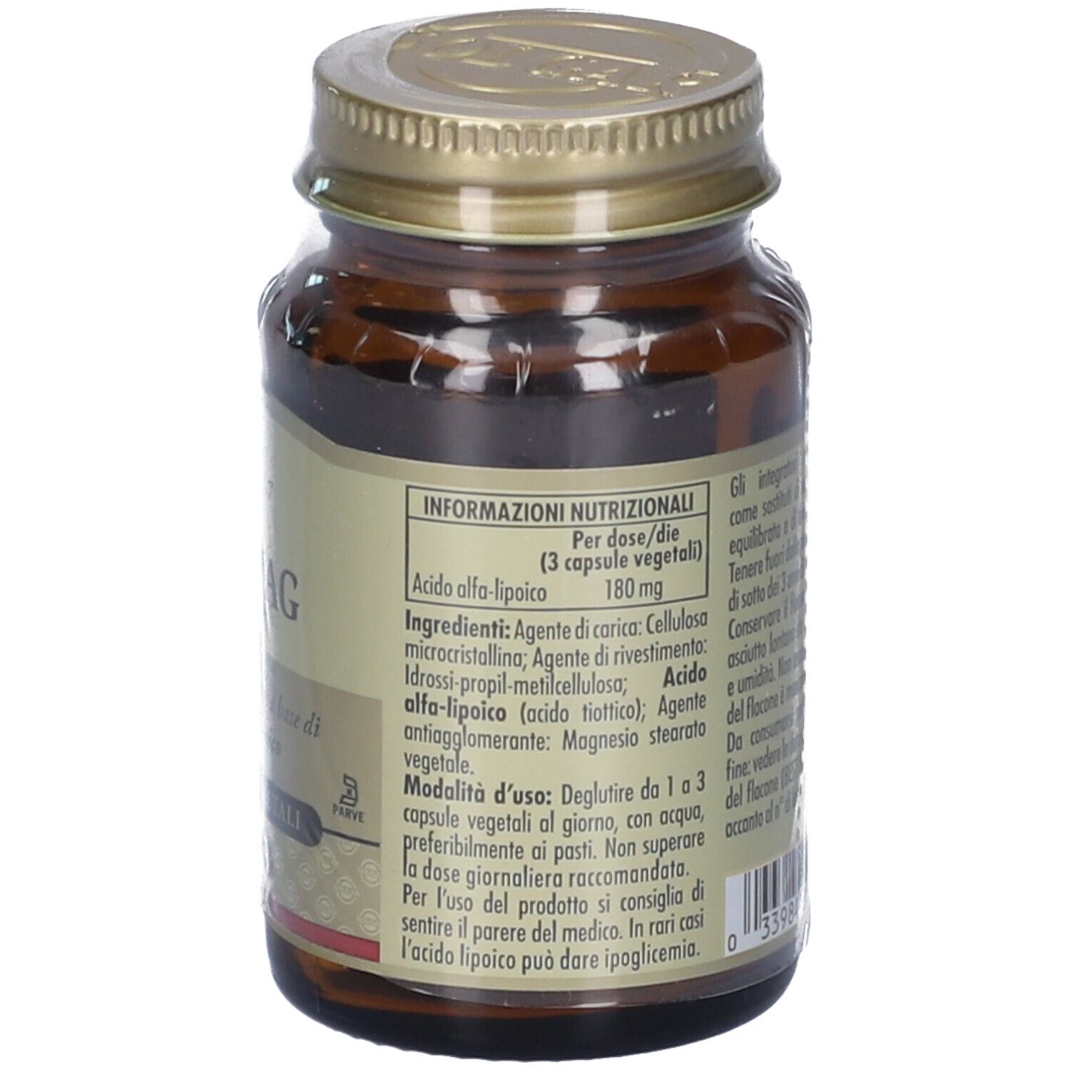 Retro di un flacone di vetro marrone. Scritta: Lipomag, informazioni nutrizionali, ingredienti. Marchio: Solgar.