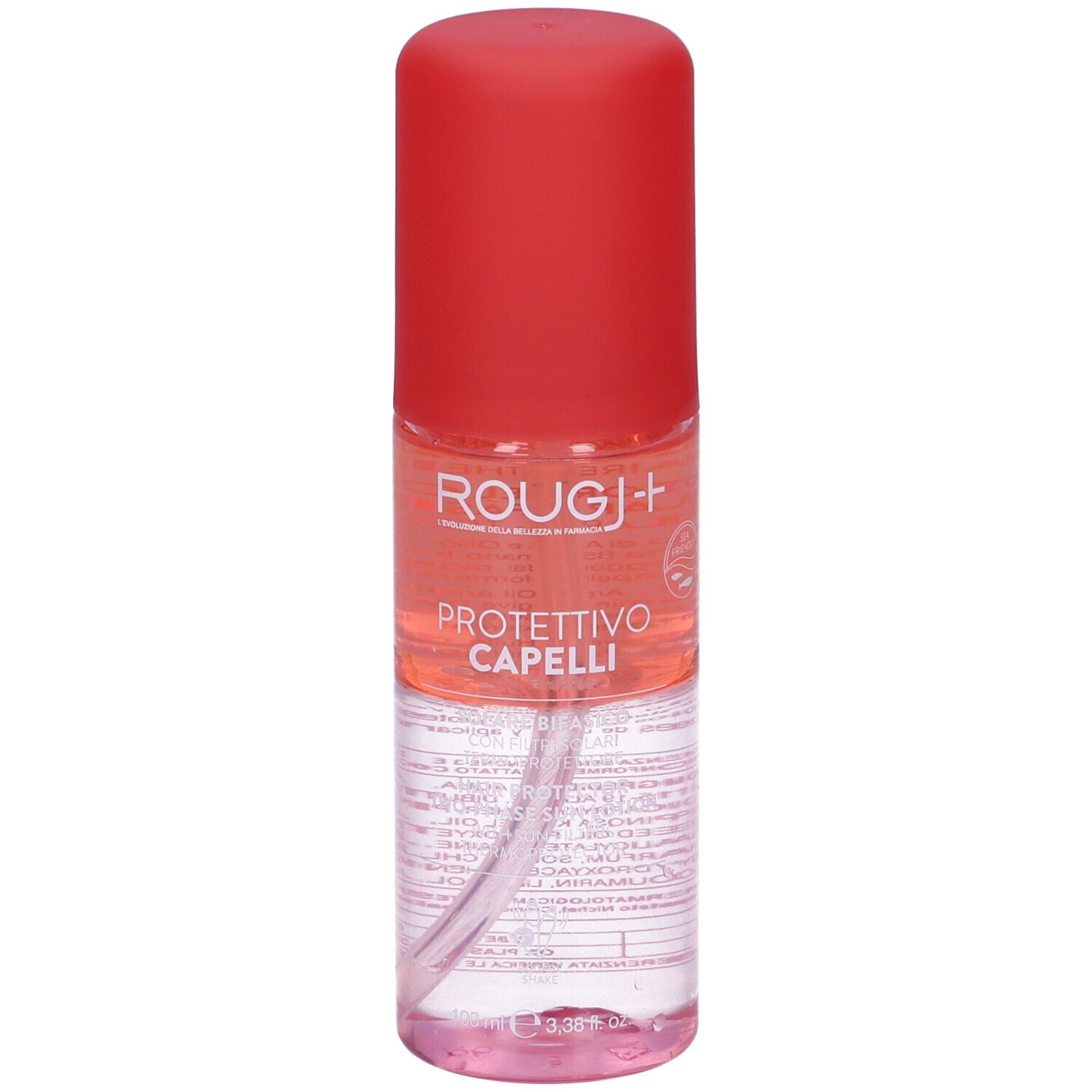 Spray bifasico per capelli, tappo rosso. Scritta: Rougj+, Protettivo Capelli.