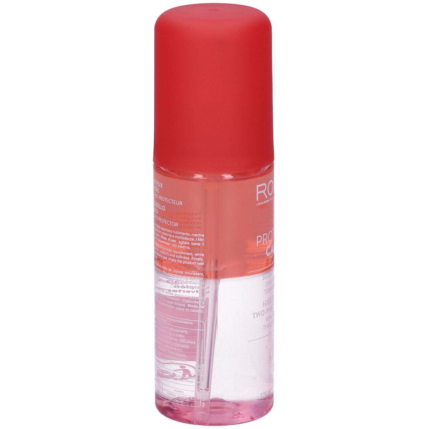 Spray per capelli, tappo rosso. Scritta: Rougj+, Protettivo Capelli. Testo sul retro.