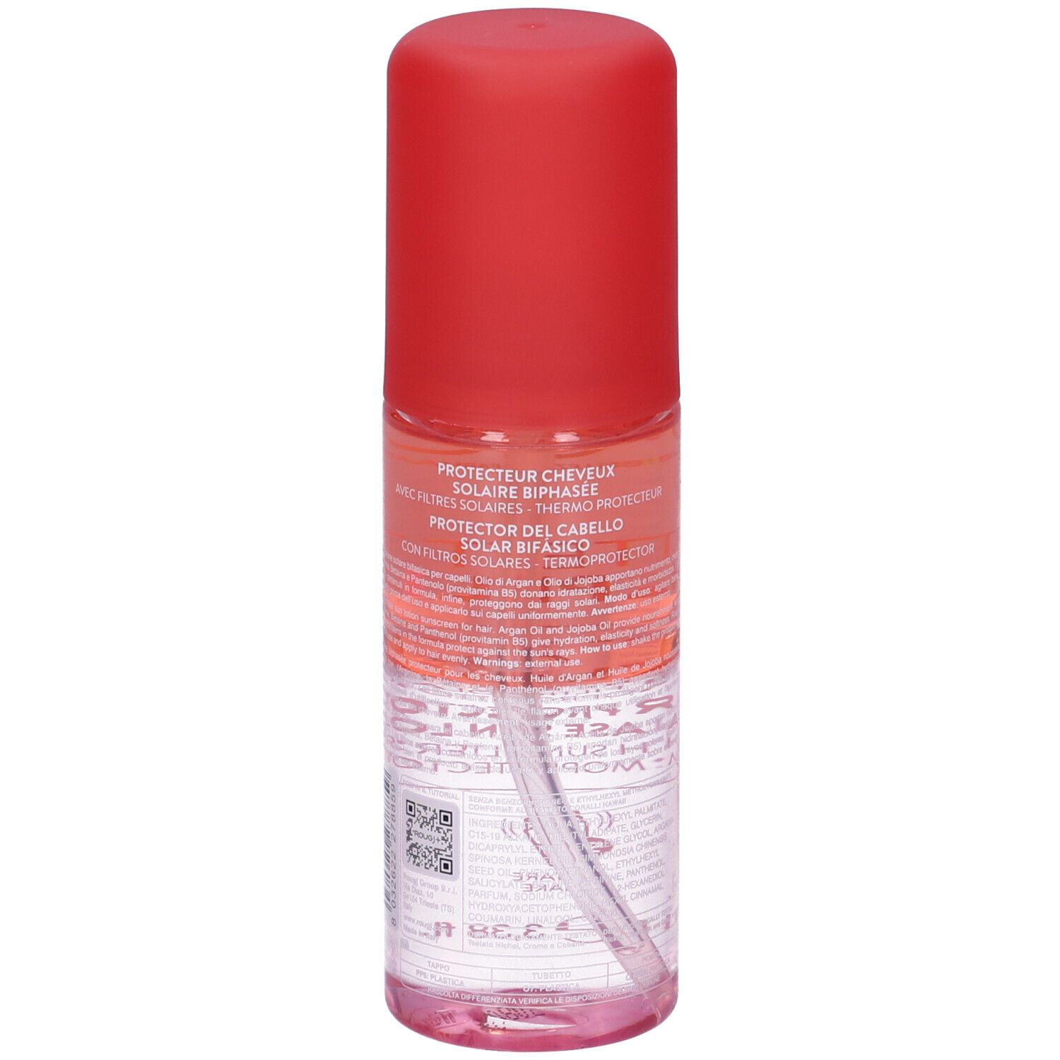 Spray per capelli, tappo rosso. Scritta: Rougj+, Protettivo Capelli. Testo sul retro.