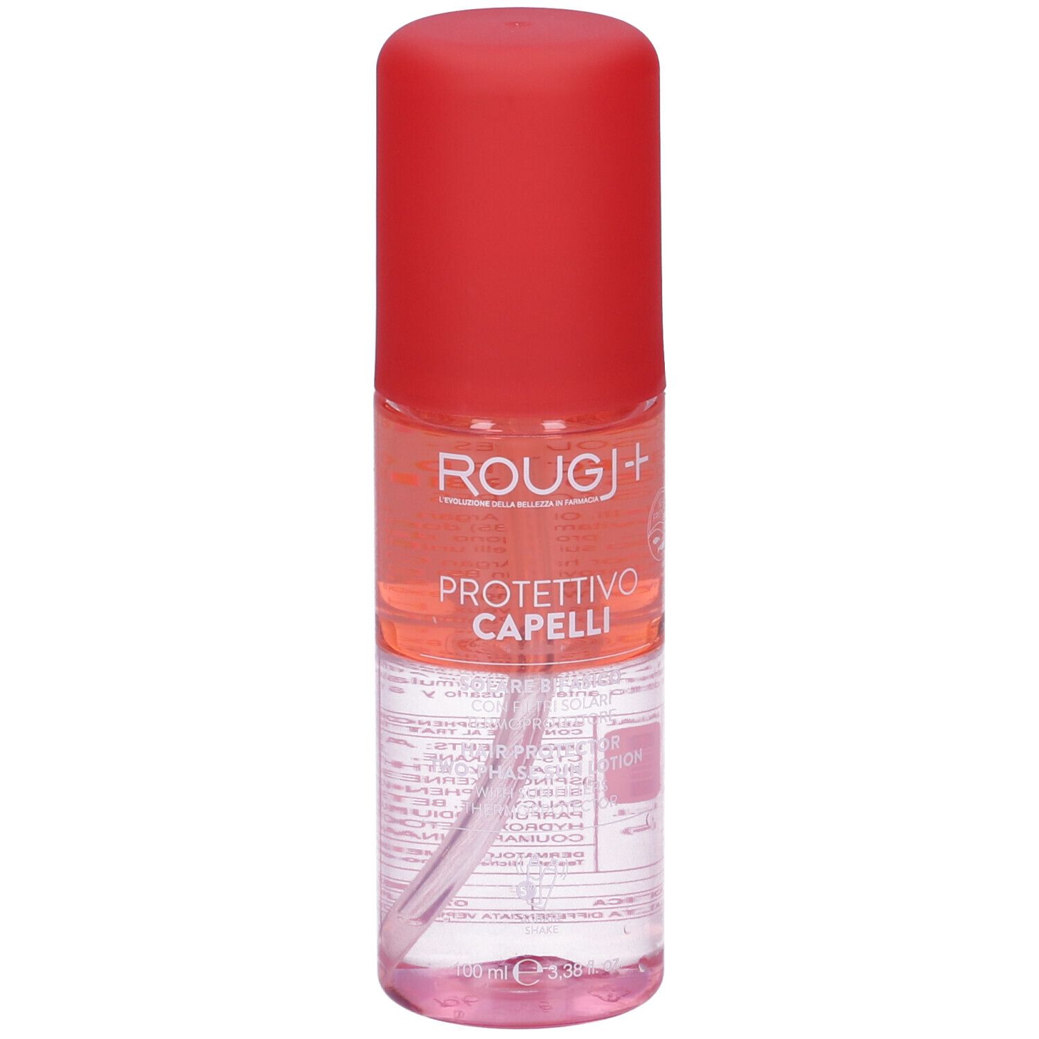 Spray per capelli, tappo rosso. Scritta: Rougj+, Protettivo Capelli. In basso: 100 ml.