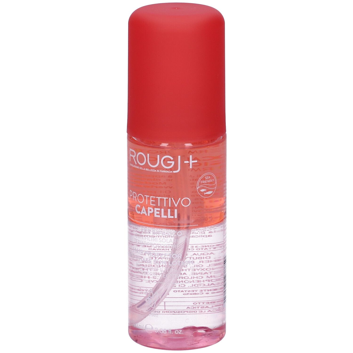 Spray per capelli, tappo rosso. Scritta: Rougj+, Protettivo Capelli. Con logo.