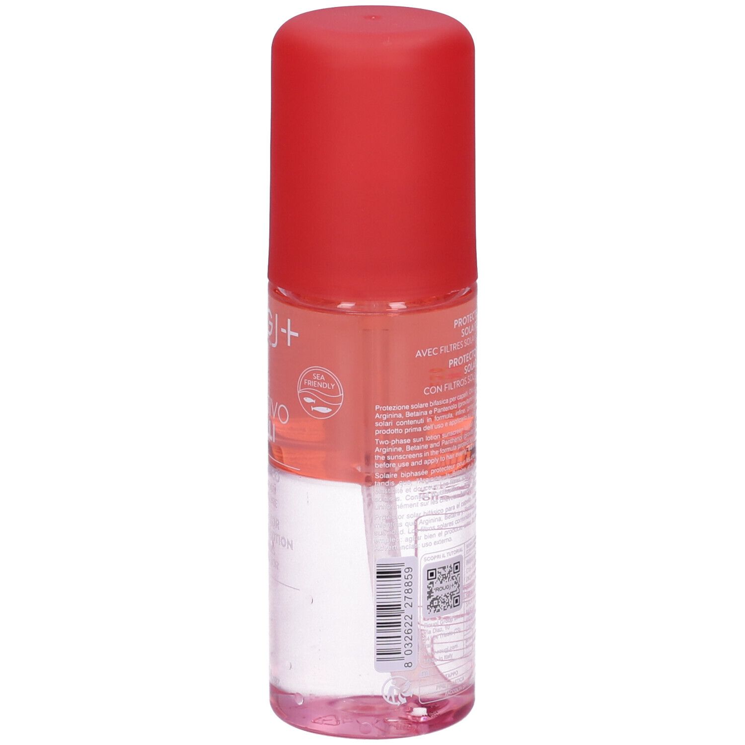 Spray per capelli, tappo rosso. Scritta: Rougj+, Protettivo Capelli. Testo e QR code sul retro.