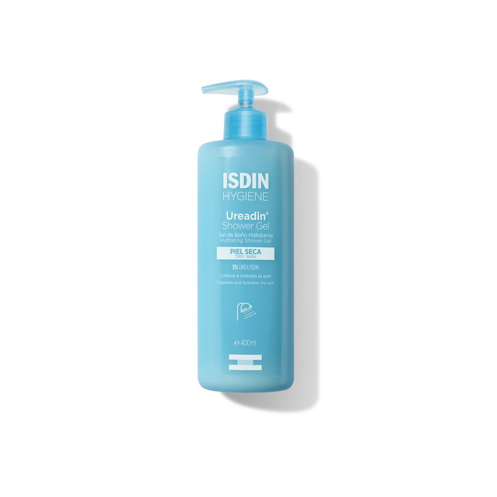 Flacone azzurro con dosatore. Scritta: ISDIN Hygiene Ureadin Shower Gel. Per pelle secca. 400ml.