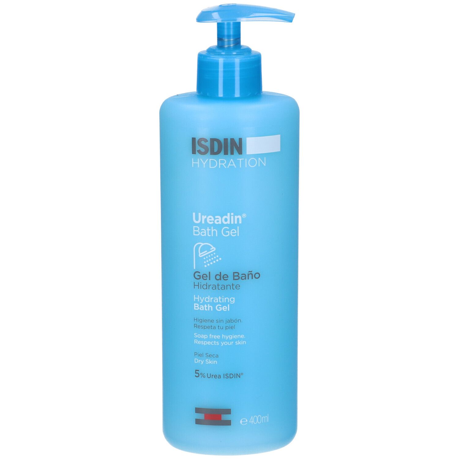 Flacone azzurro con dosatore. Scritta: ISDIN Hydration Ureadin Bath Gel. 400ml.
