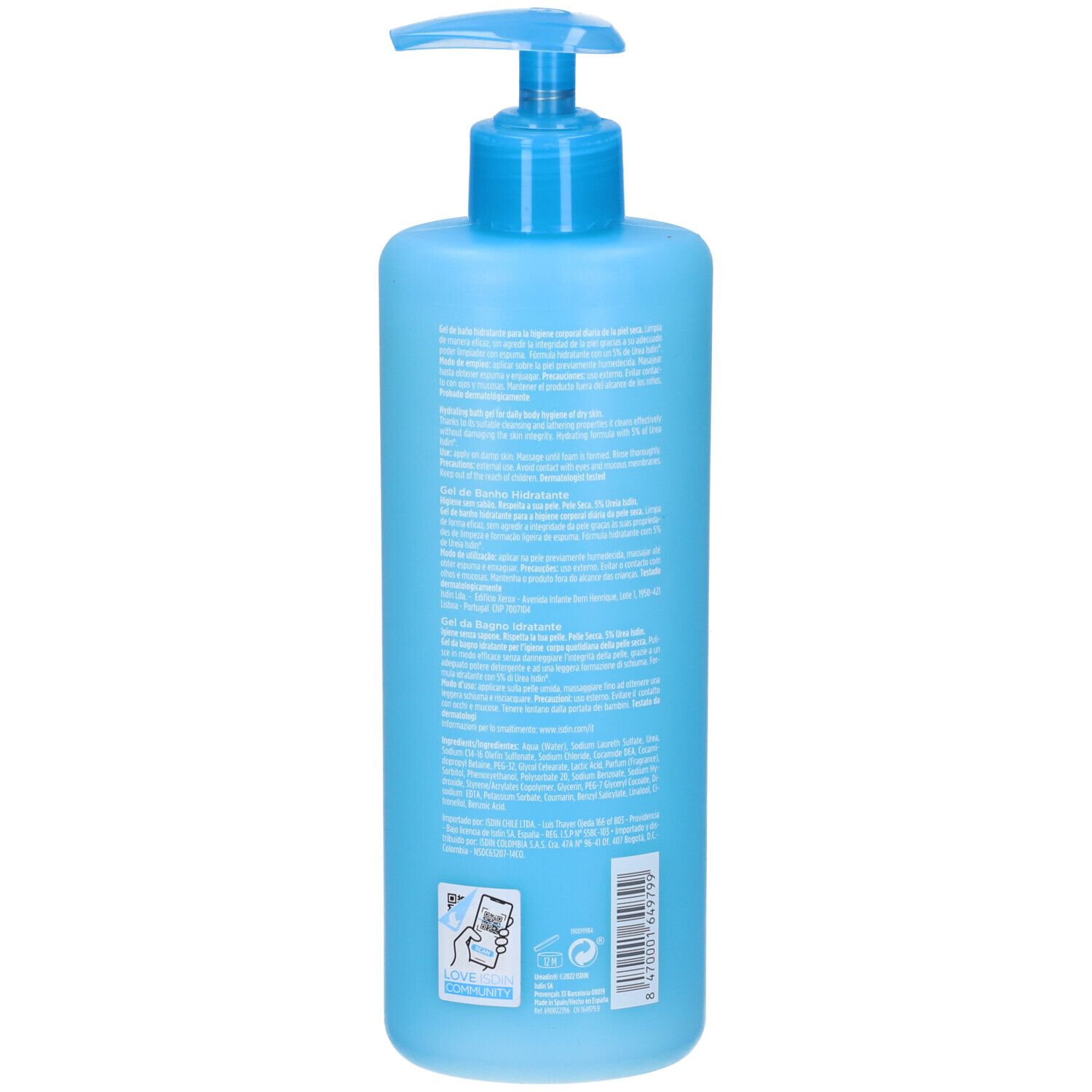 Retro del flacone azzurro. Testo: Informazioni prodotto, ingredienti, informazioni produttore, simbolo riciclo.