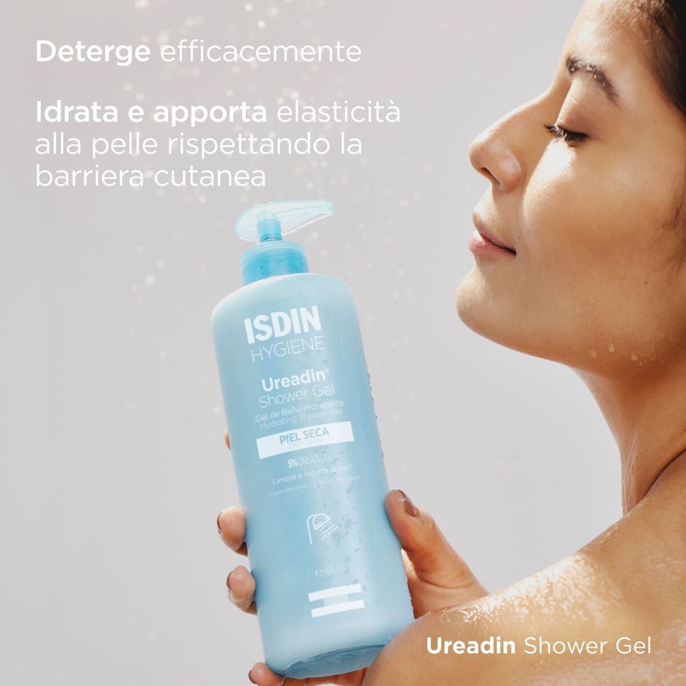 Testo: Deterge efficacemente. Idrata e apporta elasticità. Rispetta la barriera cutanea. Flacone: ISDIN Ureadin.