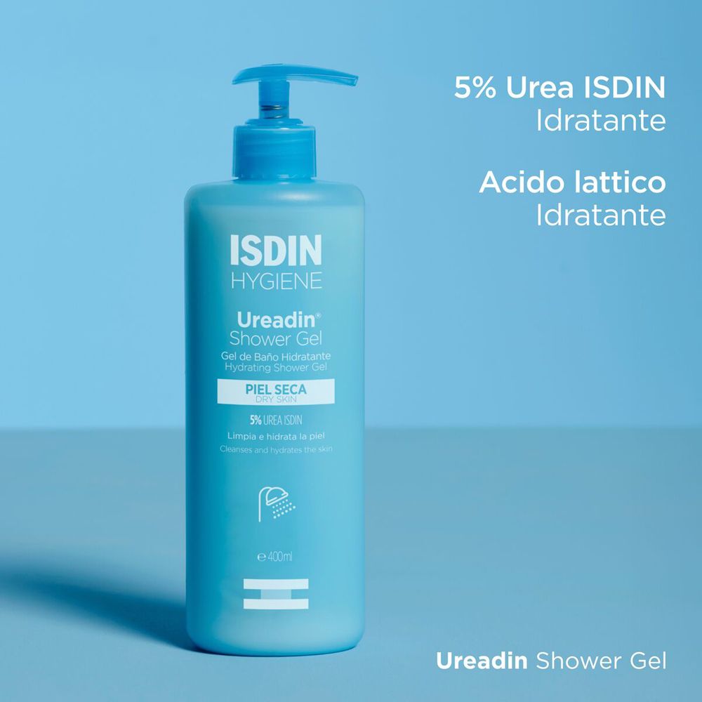 Flacone azzurro con dosatore. Scritta: ISDIN Hygiene Ureadin Shower Gel. 5% Urea. Acido lattico. 400ml.