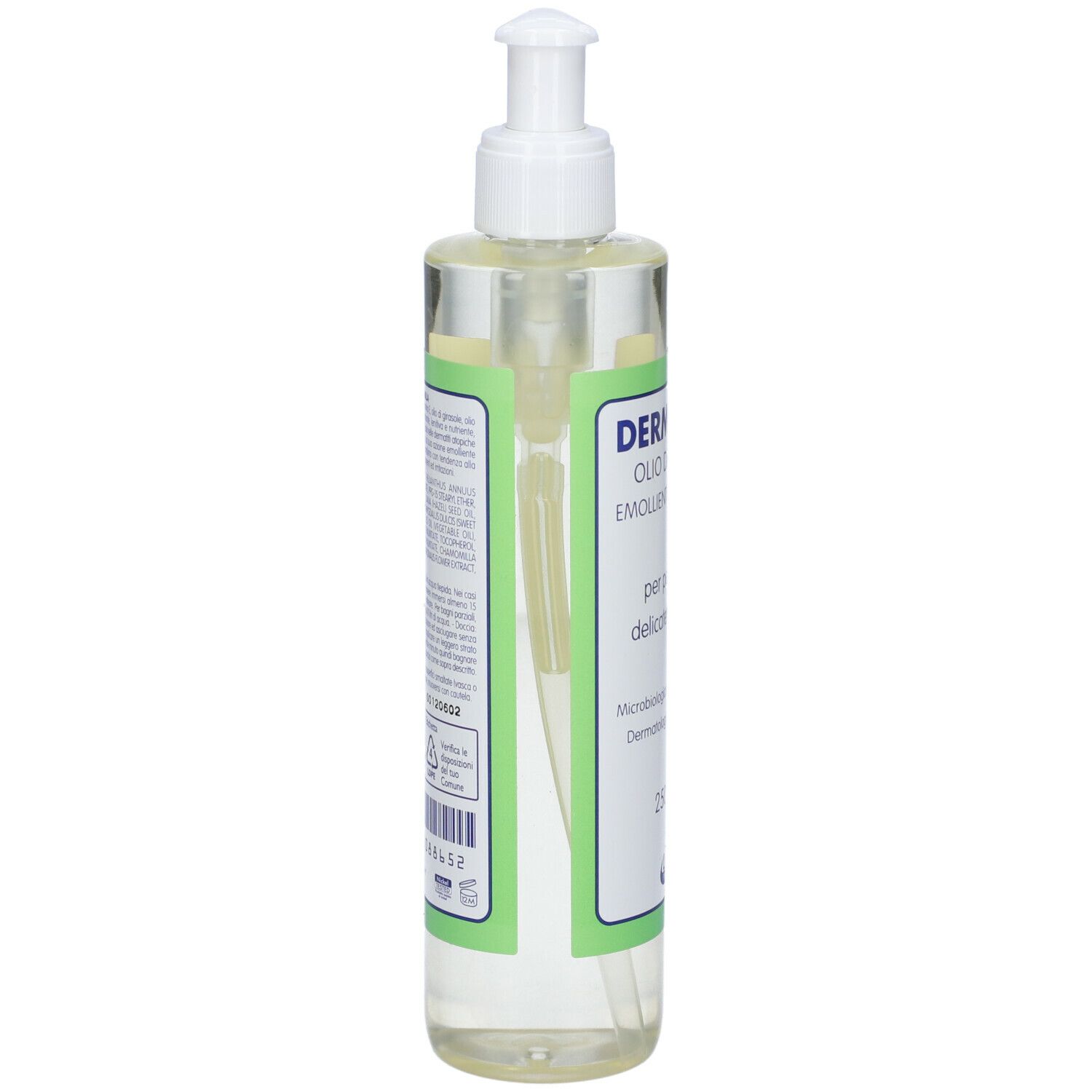 Flacone con dosatore, vista laterale. Scritta: Dermoclin Olio Bagno Camomilla. Testo in italiano.