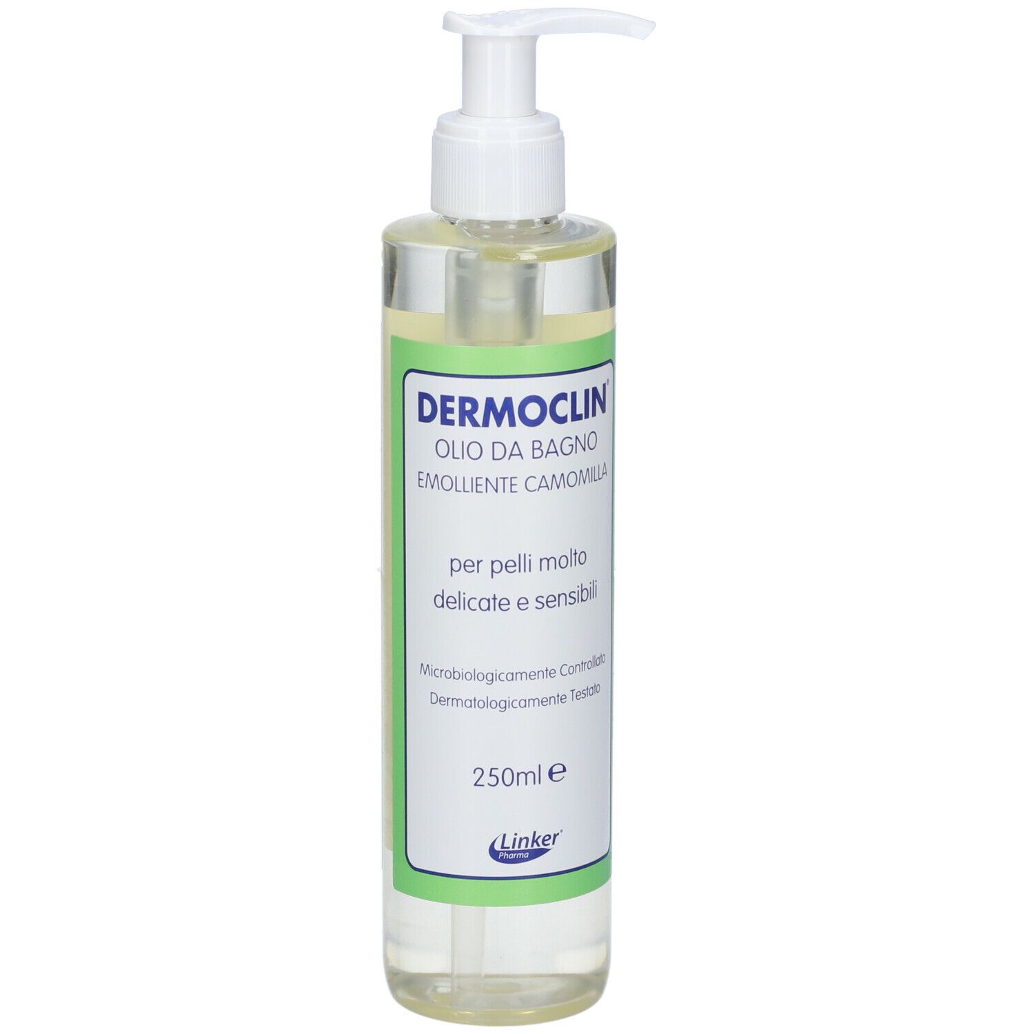 Prodotto liquido trasparente in flacone con dosatore. Scritta: Dermoclin Olio Bagno Camomilla.